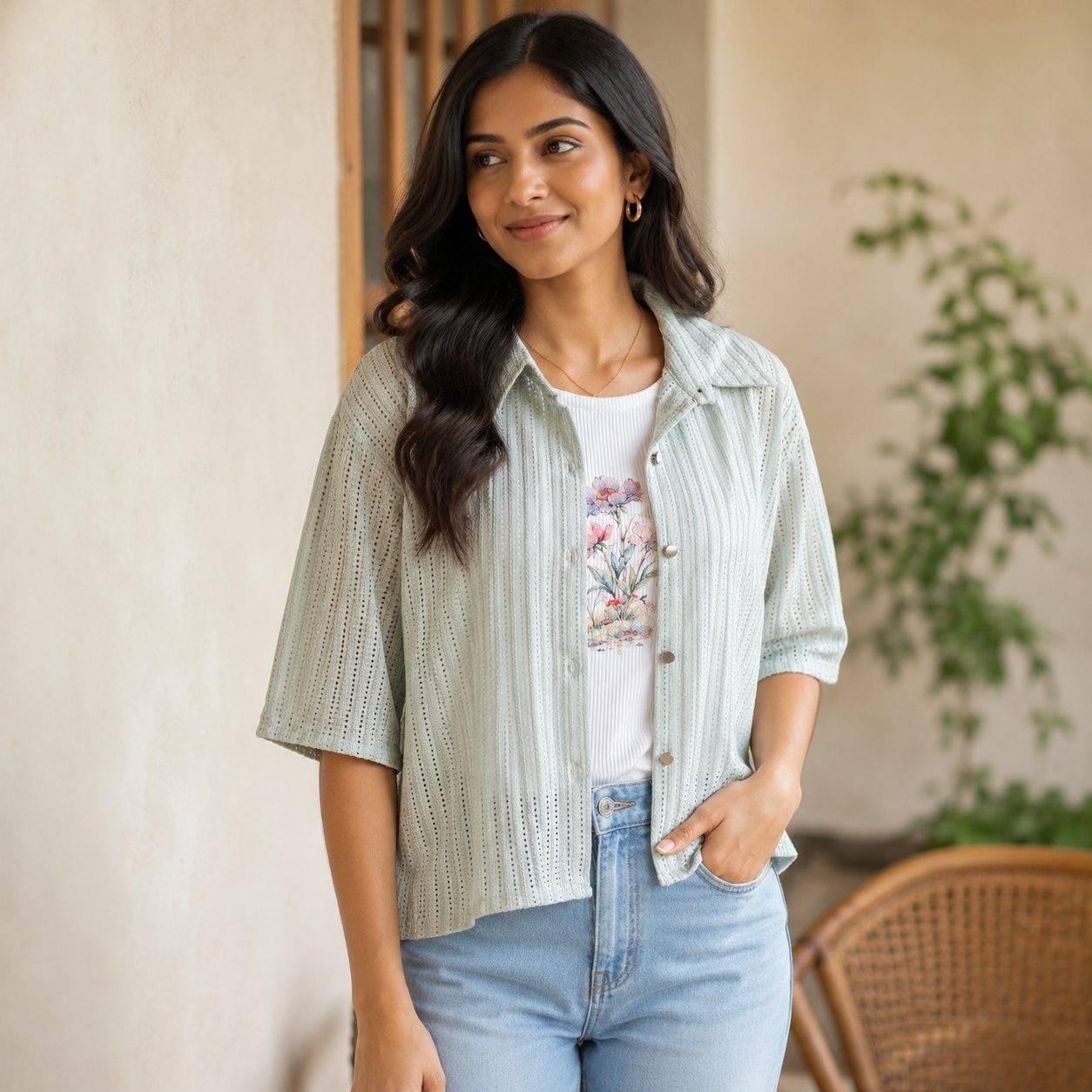 crop top with floral shirt underneath