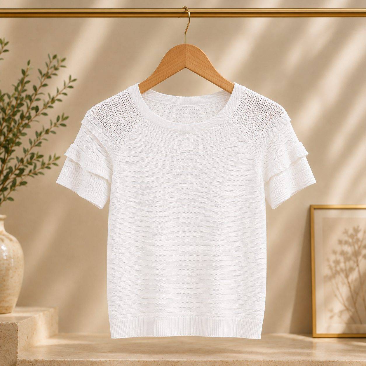 Petal-Sleeve Fine Knit Short Sleeve Top