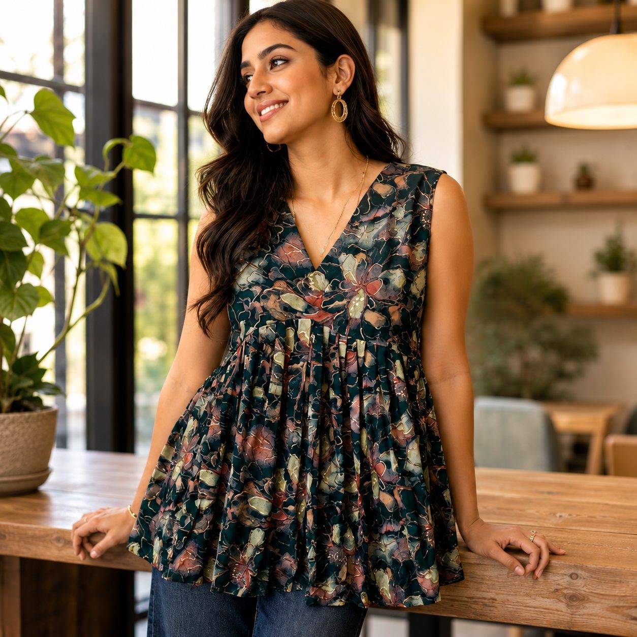 Dark floral-print sleeveless V-neck peplum top with pleated