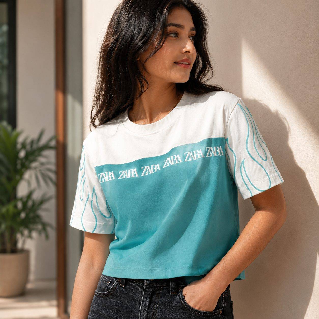 Women's Color-Block Flame Print Crop T-Shirt