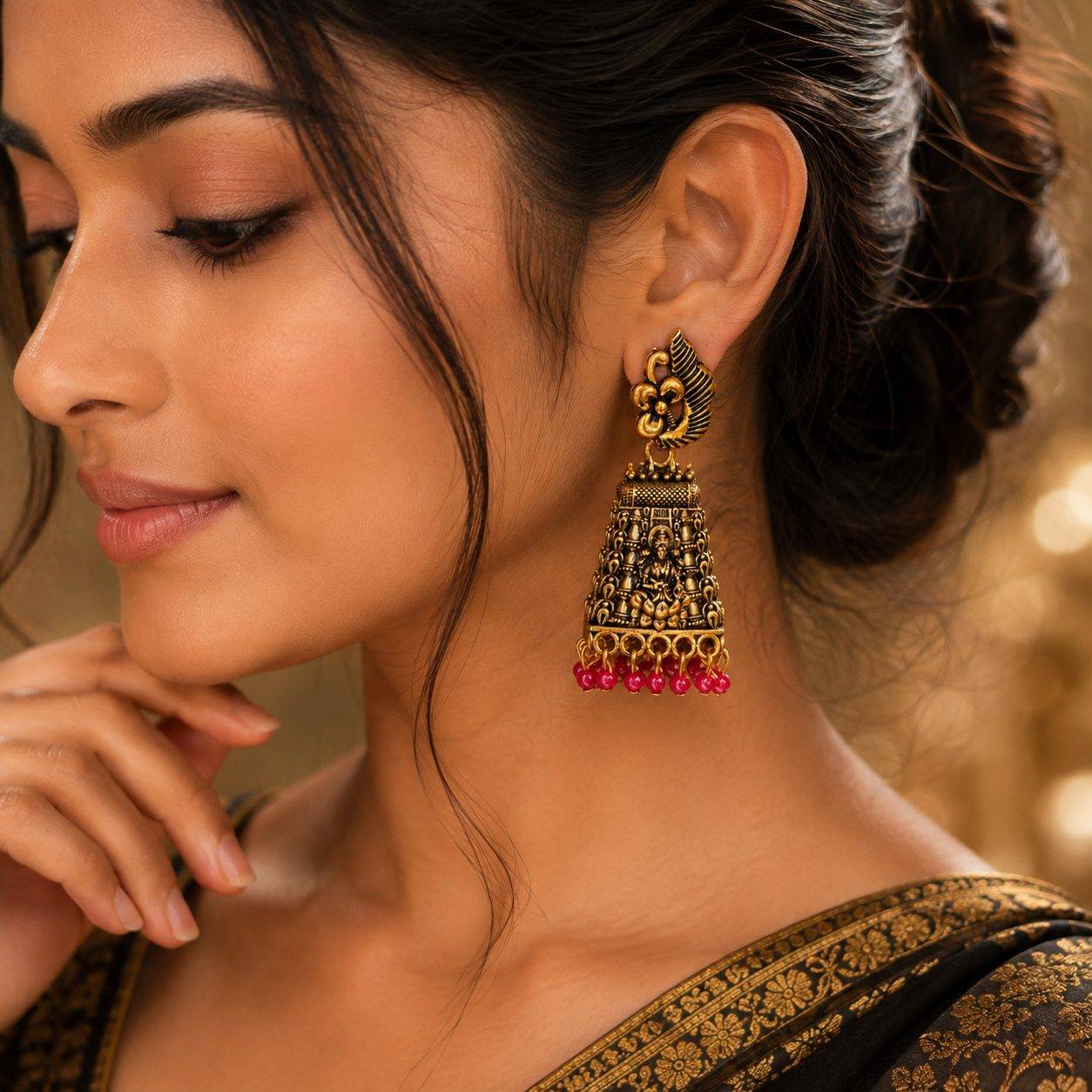 Antique temple jhumkas with ruby stone & ghungroo