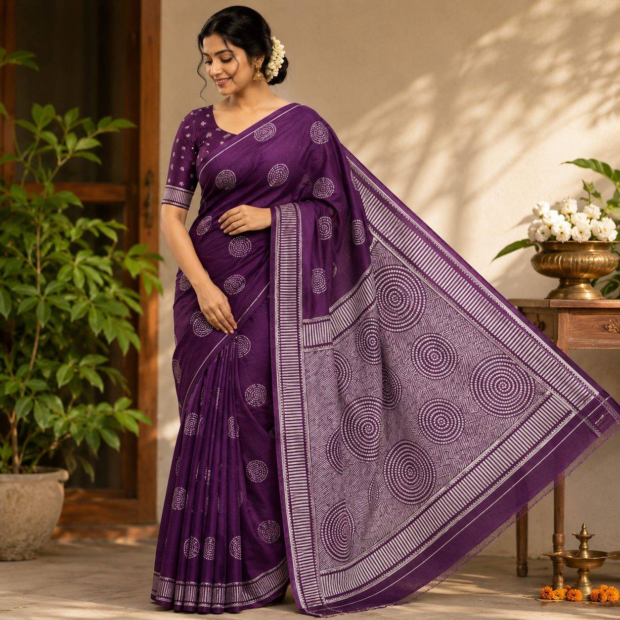 Plum Purple Printed block print Saree