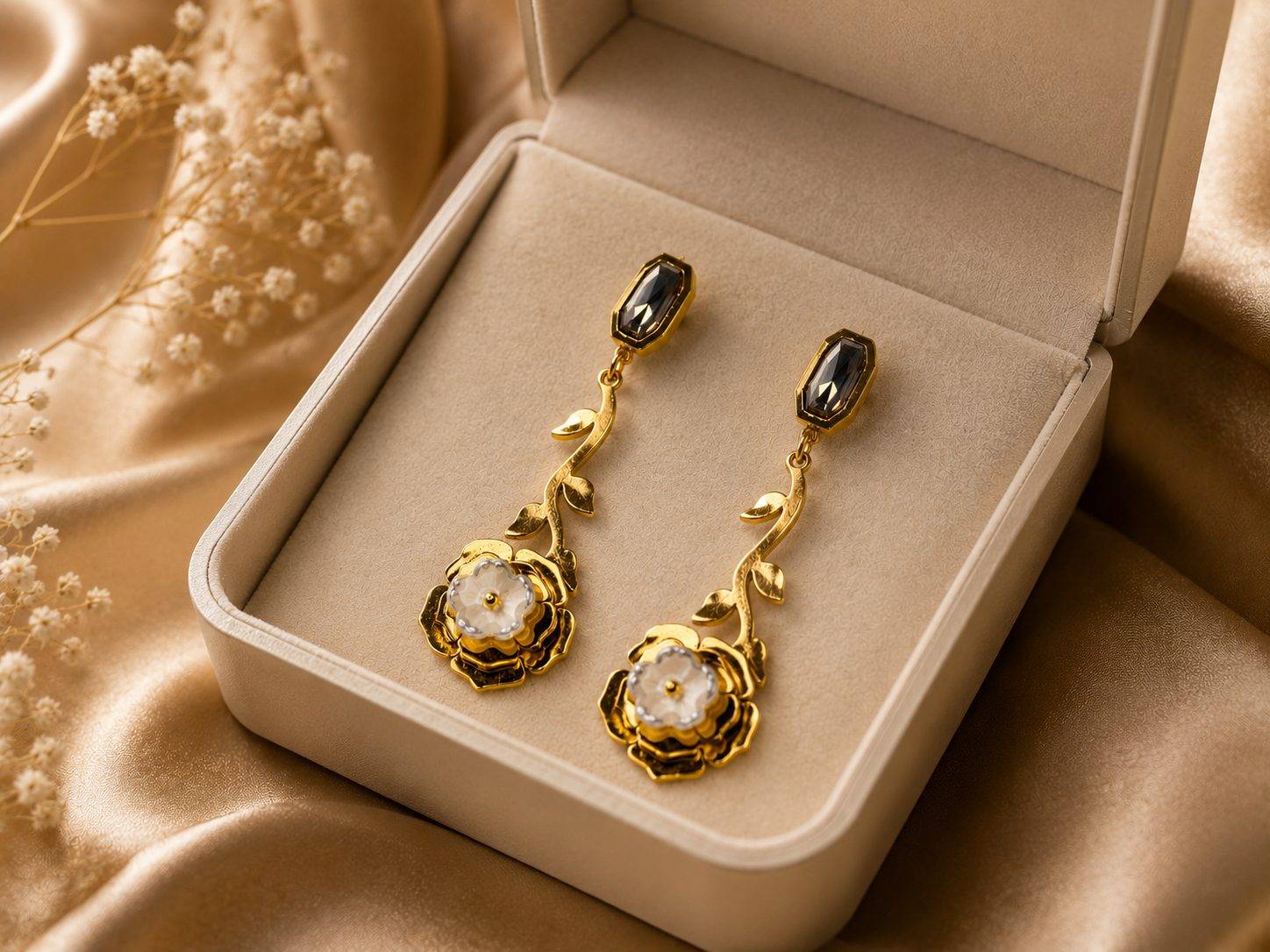 These gold-toned drop earrings feature a floral design with white pearlescent centers.