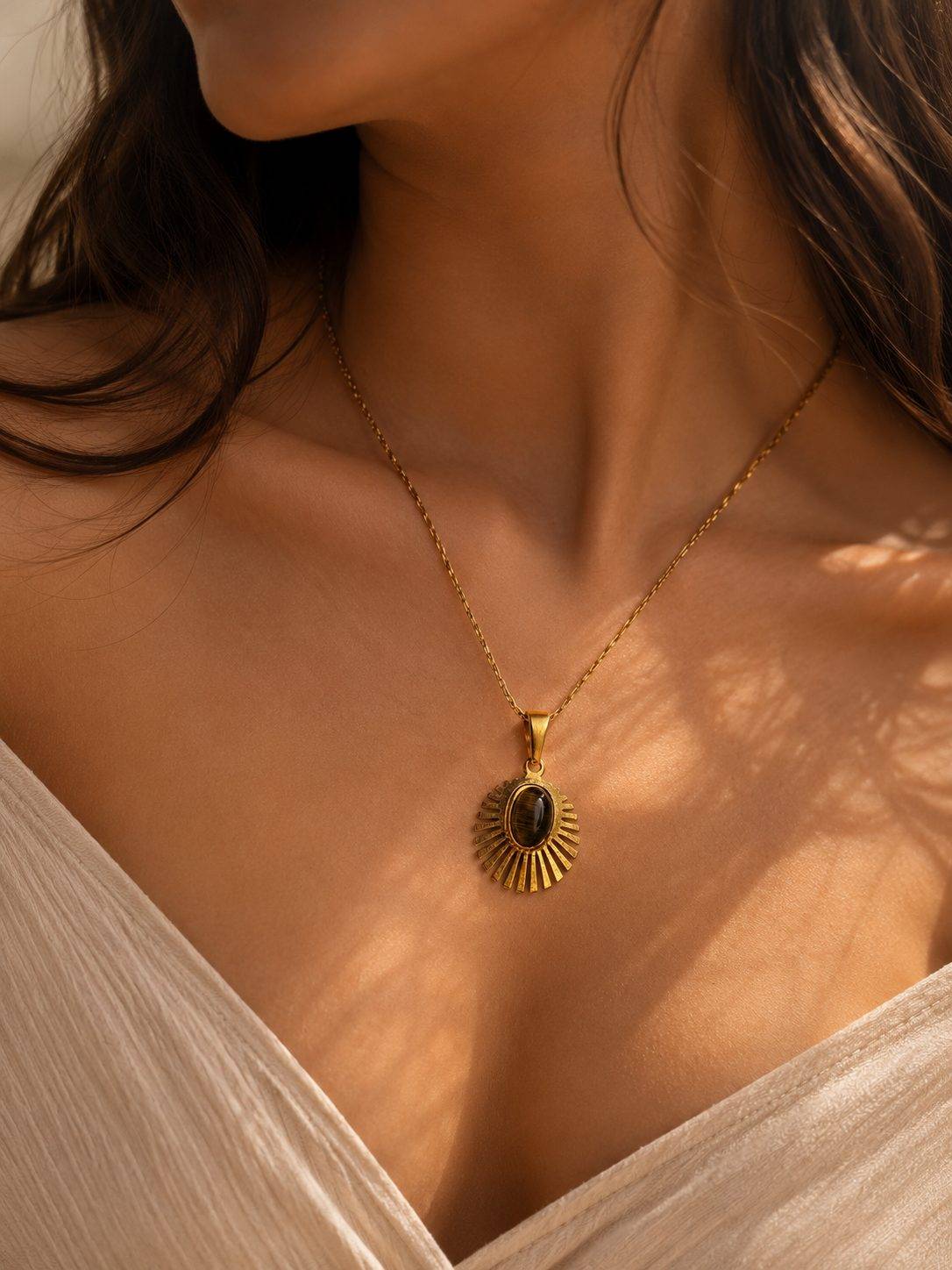 Gold Plated Necklace with Black Stone Pendant