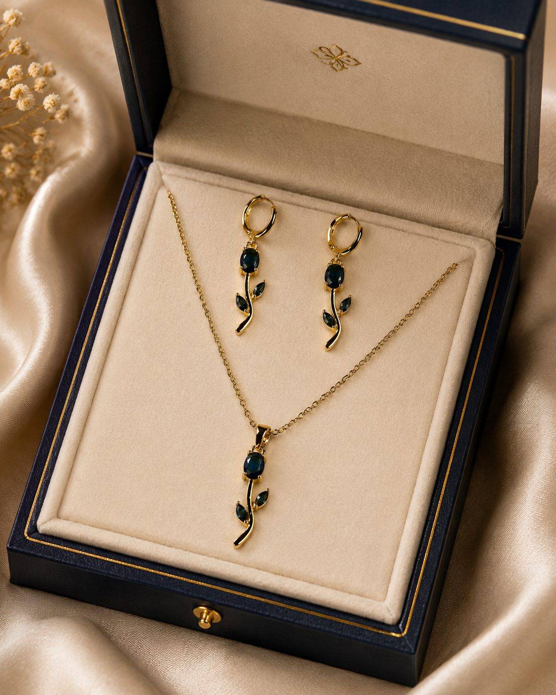 Blue Tulip Pendant Chain Necklace with Matching Earrings Set for Women & Girls