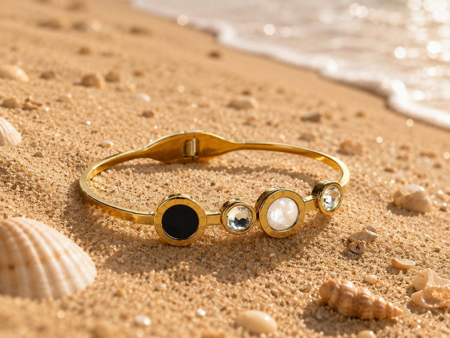 GOLD TONE ANTI TARNISH BRACELET FOR WOMEN - BLACK WHITE STONE CIRCLES