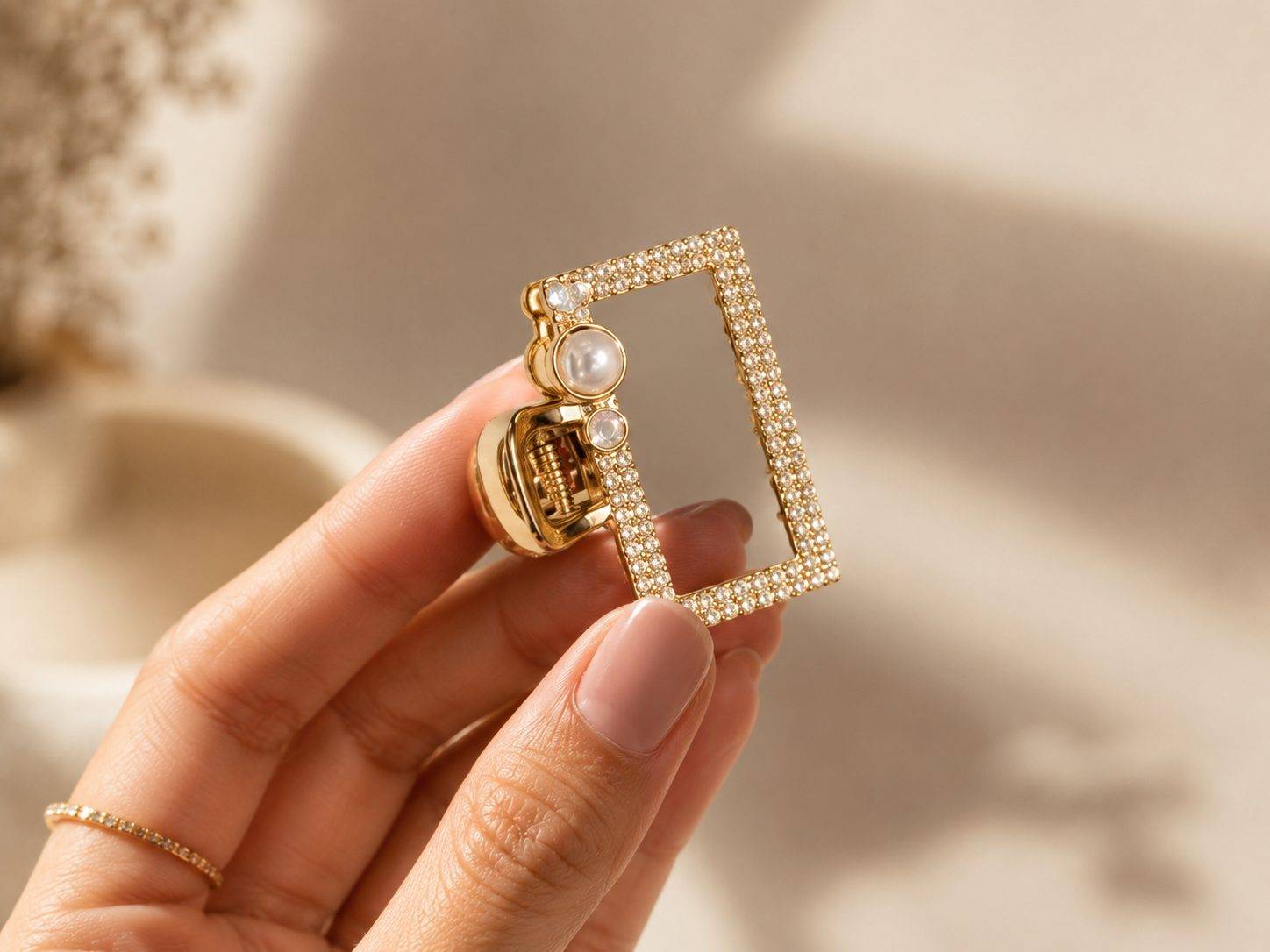 Rectangle Hair Claw Clip Decorative Stone & Pearl