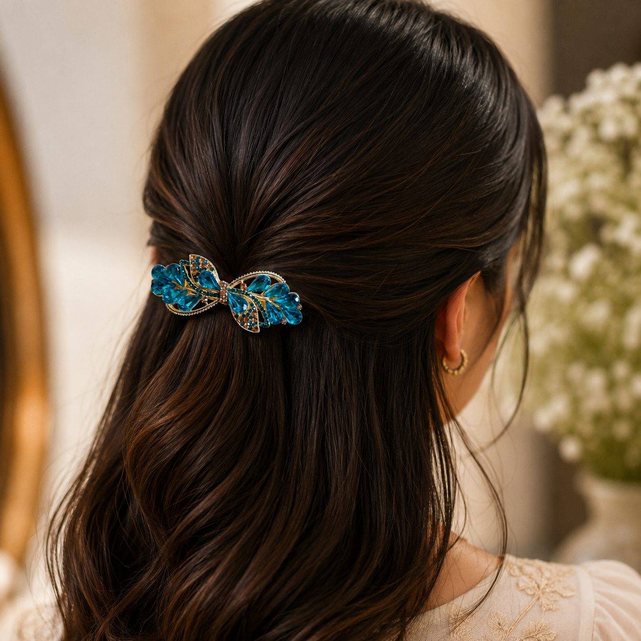 Premium Blue Crystal Floral Barrette Hair Clip for Women