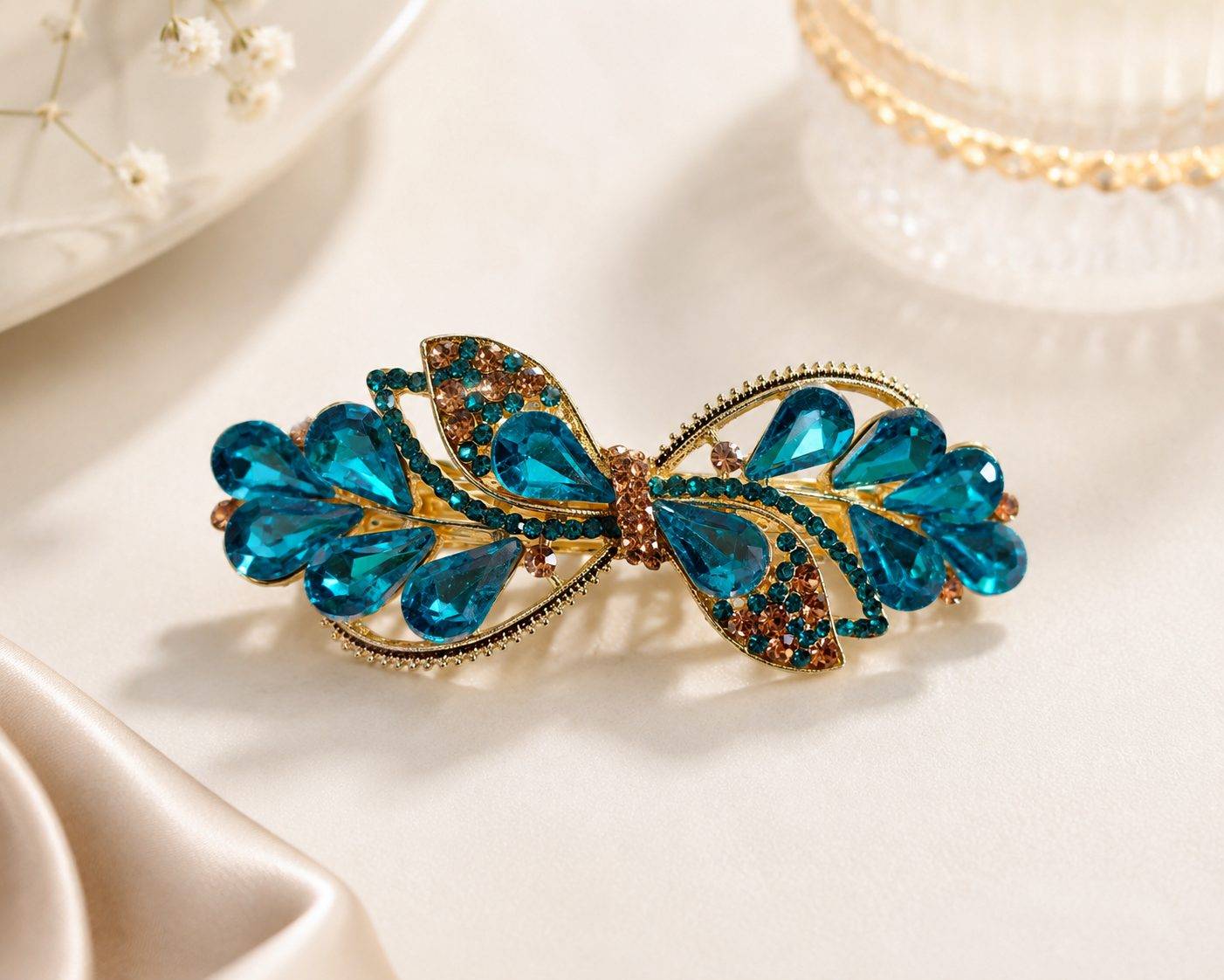 Crystal Floral Barrette Hair Clip Rhinestone Hair Accessory with Gold-Tone Finish