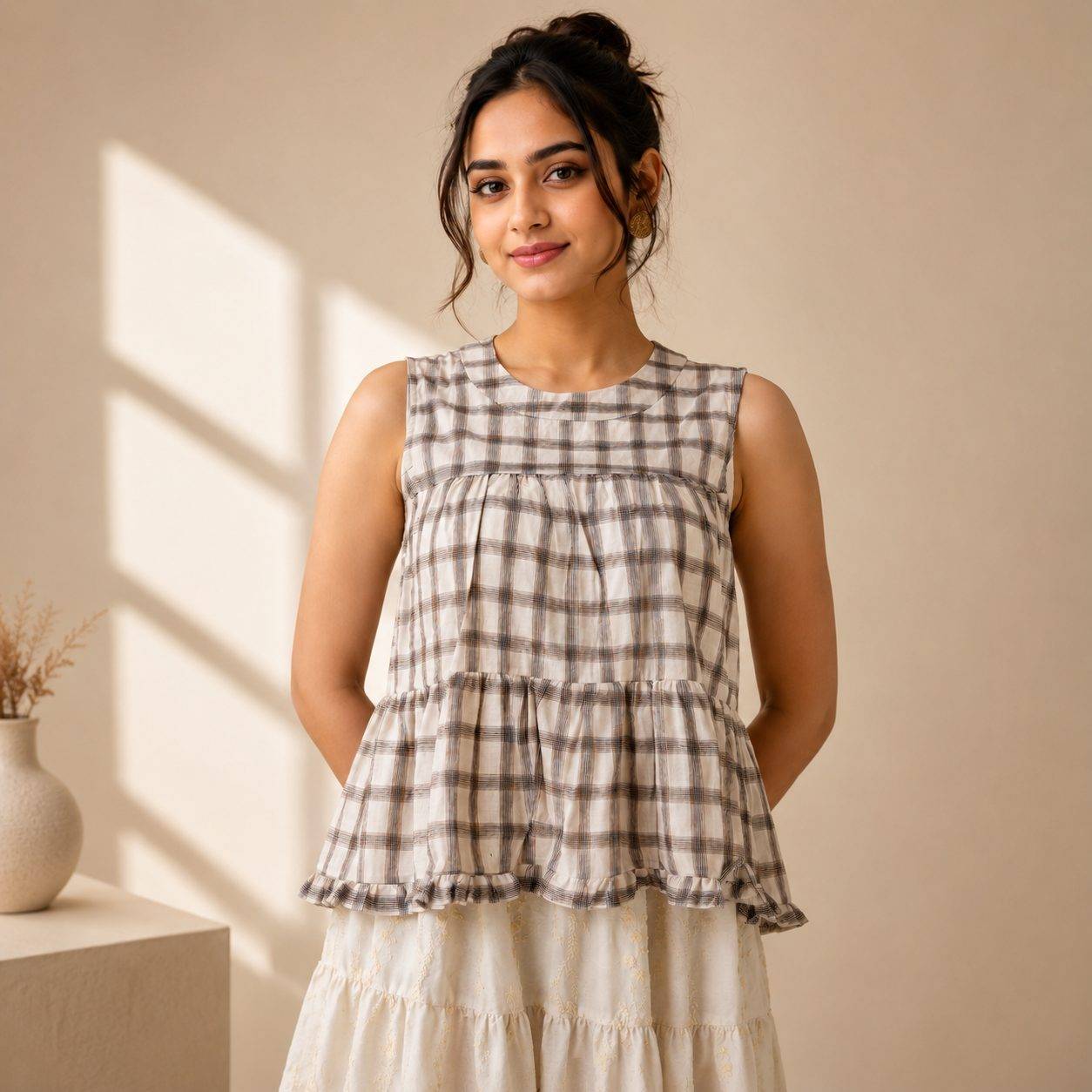Check Sleeveless Tiered Top