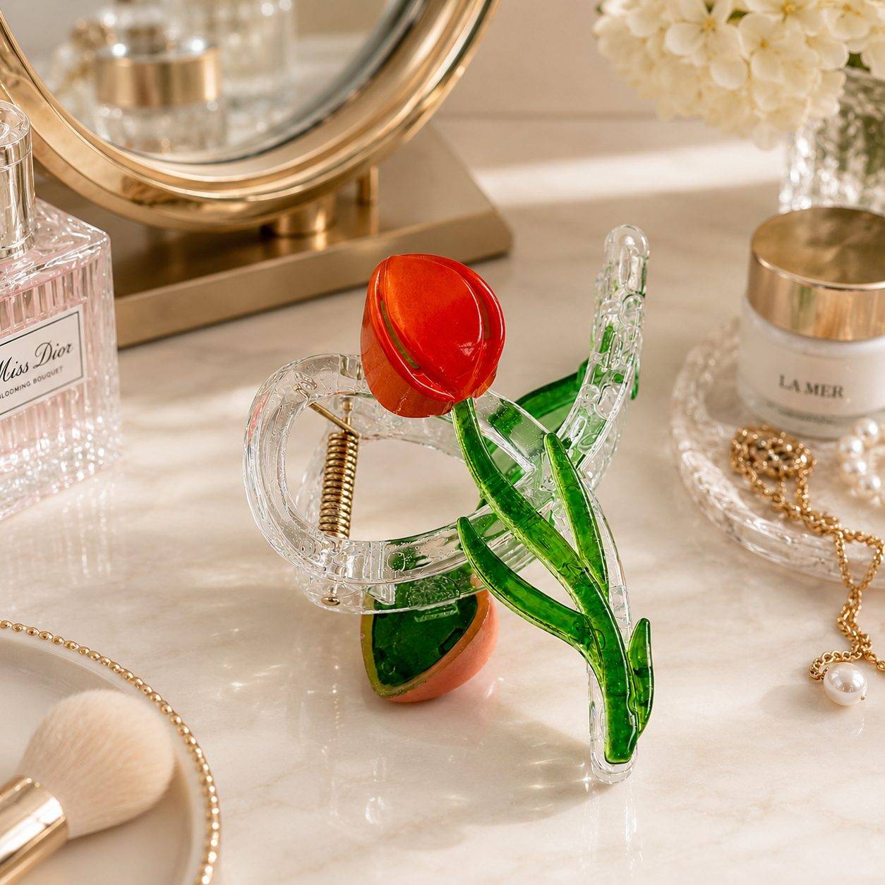 Korean-style tulip flower hair claw clip features a transparent, clear acrylic base