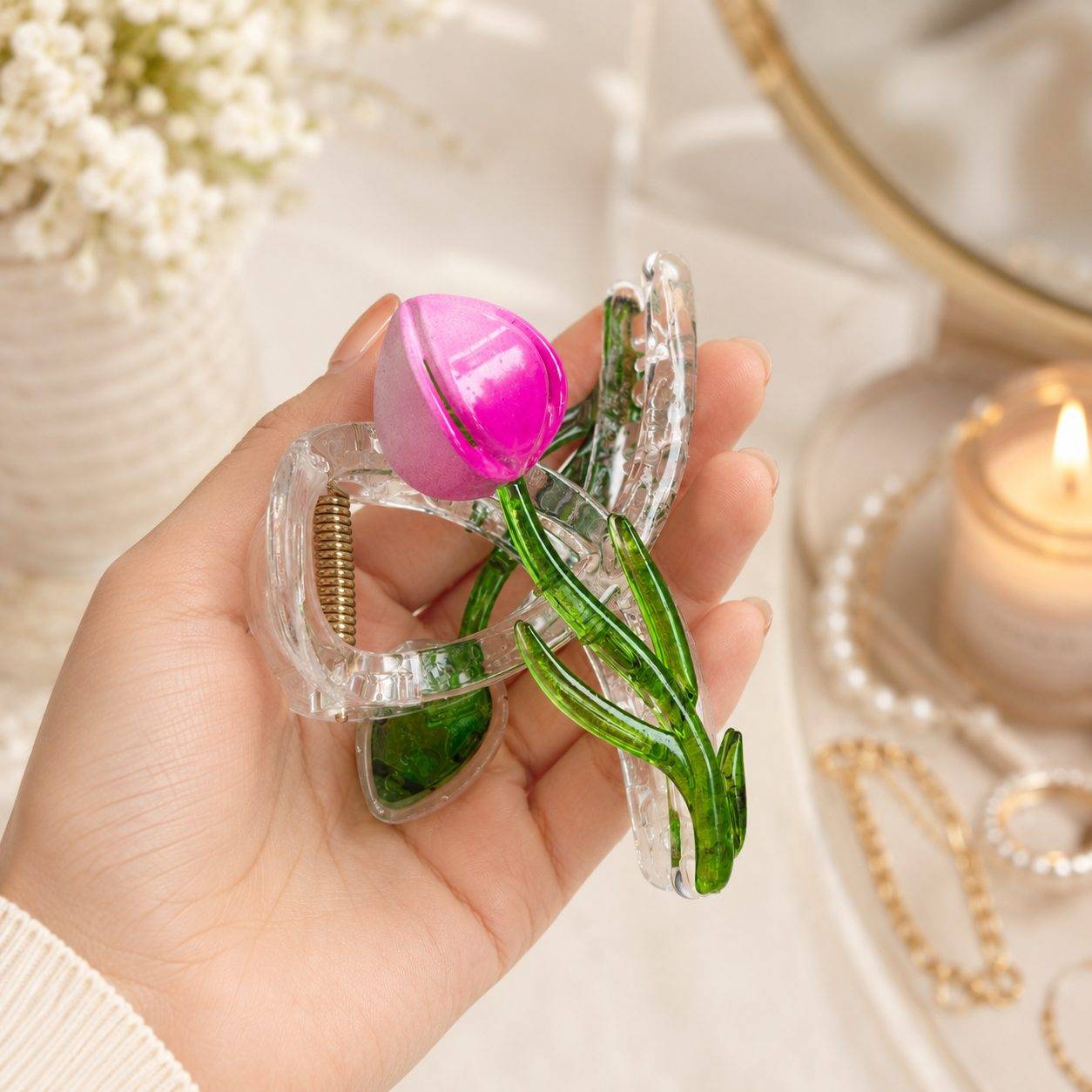 Korean-style tulip flower hair claw clip features a transparent, clear acrylic base