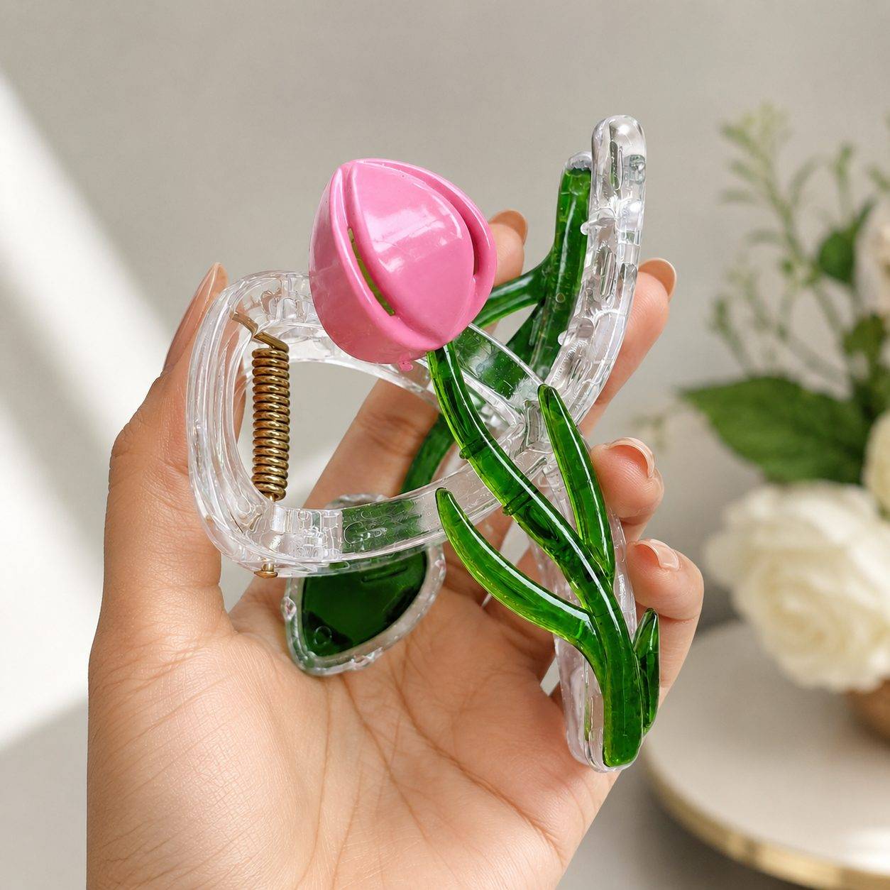 Korean-style tulip flower hair claw clip features a transparent, clear acrylic base