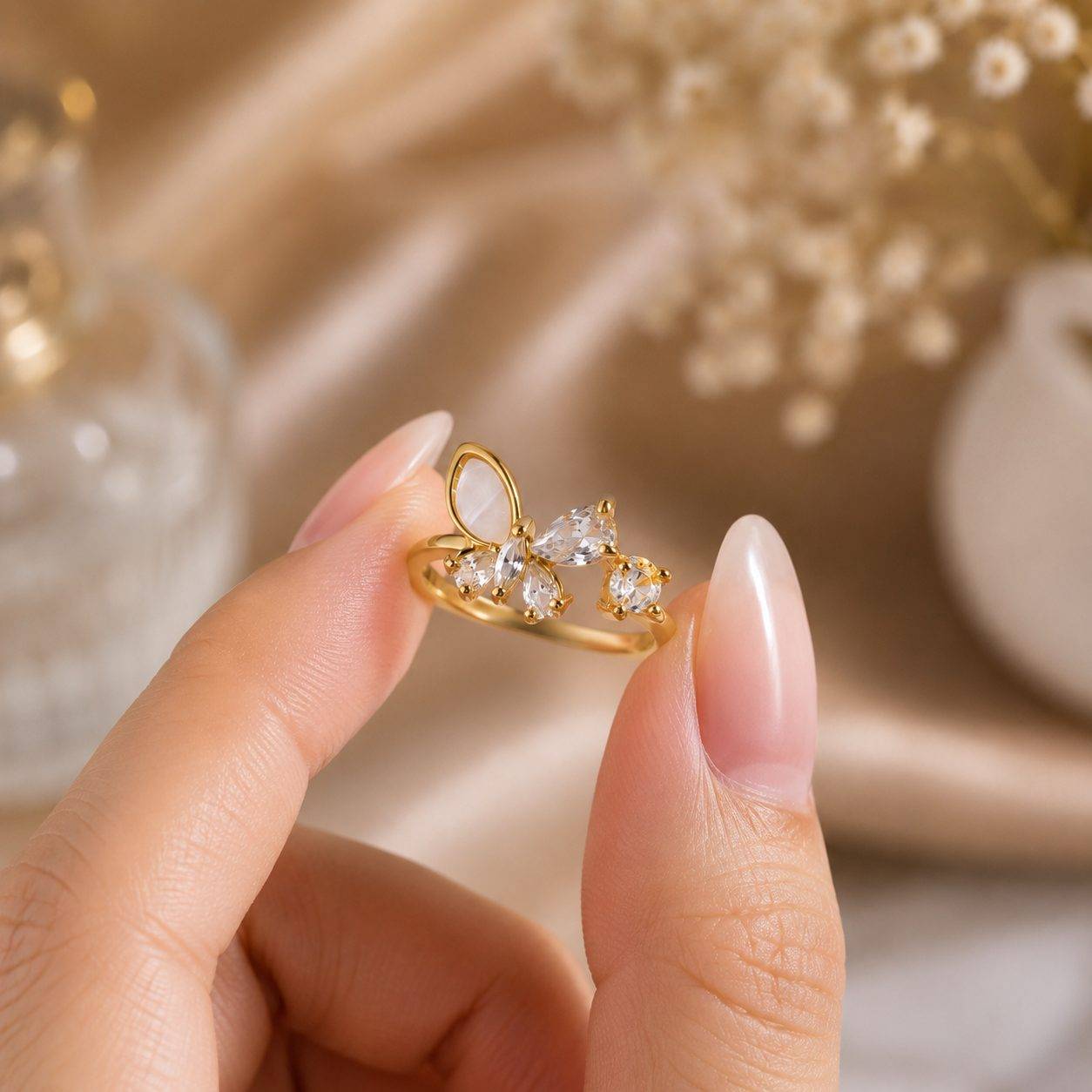 Adjustable Butterfly Ring for Women | Gold Plated with Diamond Stones | Anti Tarnish Stainless Steel | Elegant Party, Daily Wear & Gift Ring
