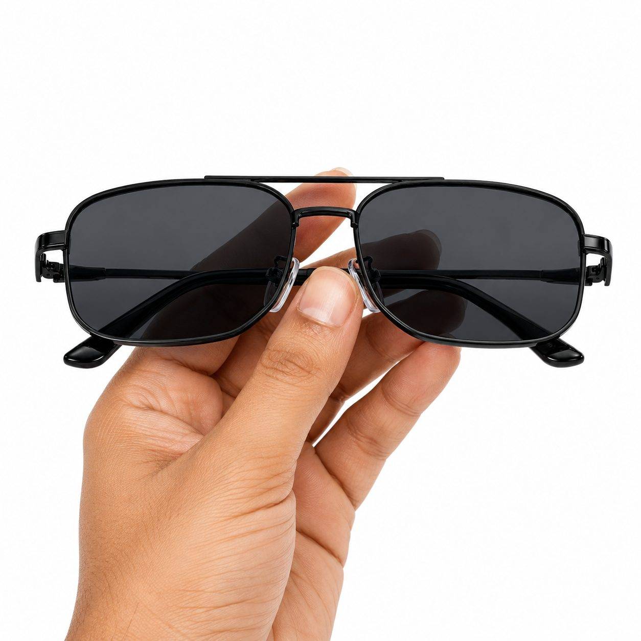 sunglasse feature a black metal frame and polarized, UV-protected rectangular lenses