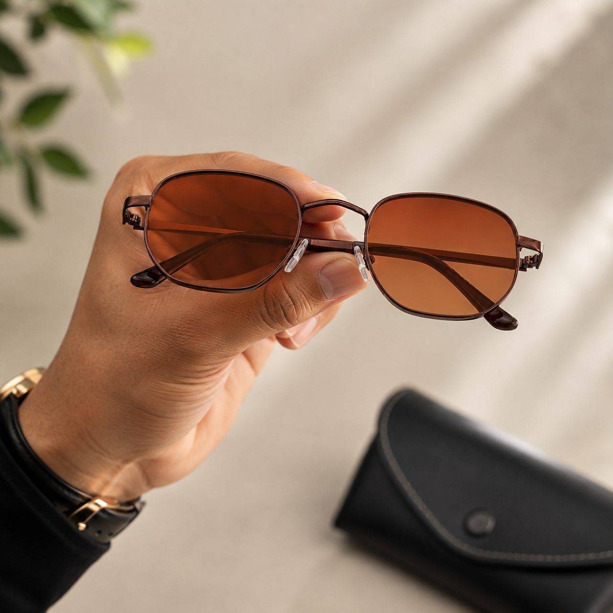 Brown Lens & Gunmetal-Toned Rectangle Sunglasses