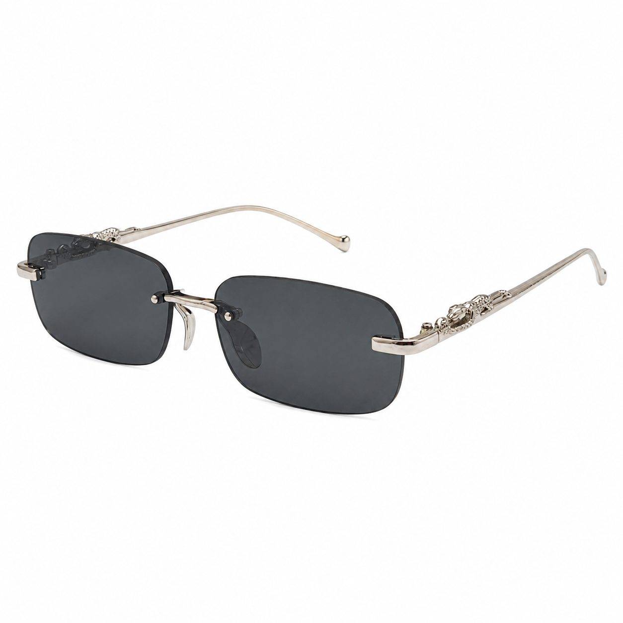 Rimless rectangular sunglasses with a silver-colored metal bridge and temples.
