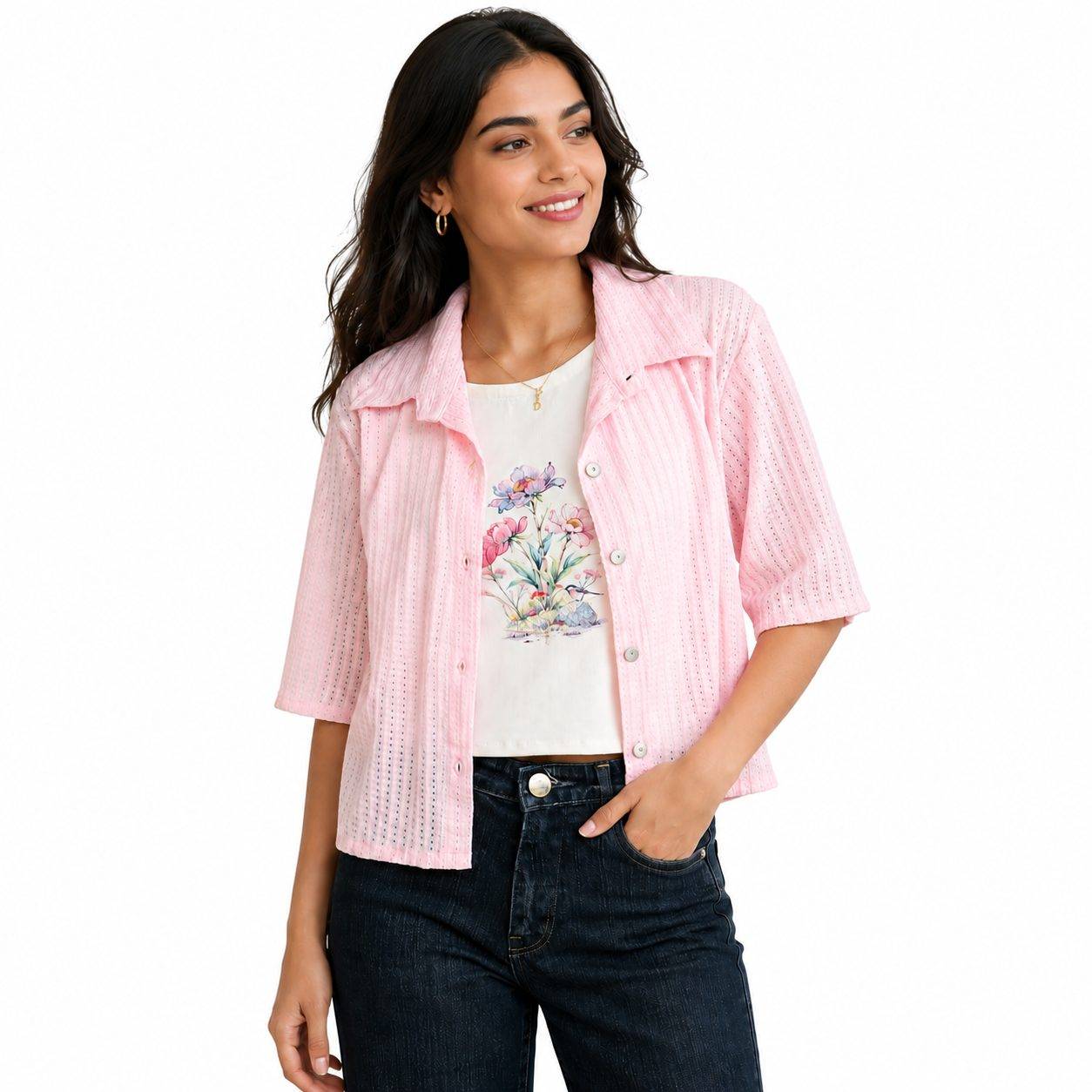 crop top with floral shirt underneath