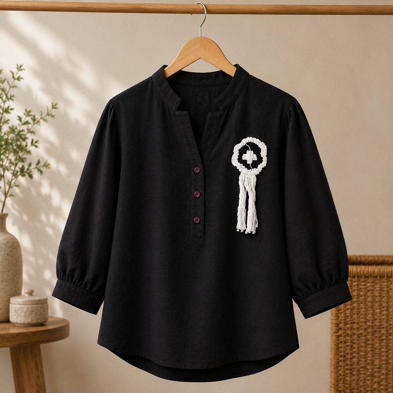 Women's Top with Floral Crochet,3/4 Sleeves, Button Placket, Pintuck Detail, Casual Wear