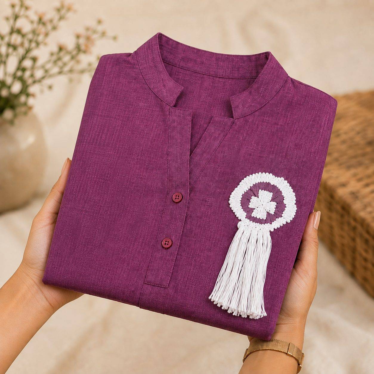 Women's Top with Floral Crochet,3/4 Sleeves, Button Placket, Pintuck Detail, Casual Wear