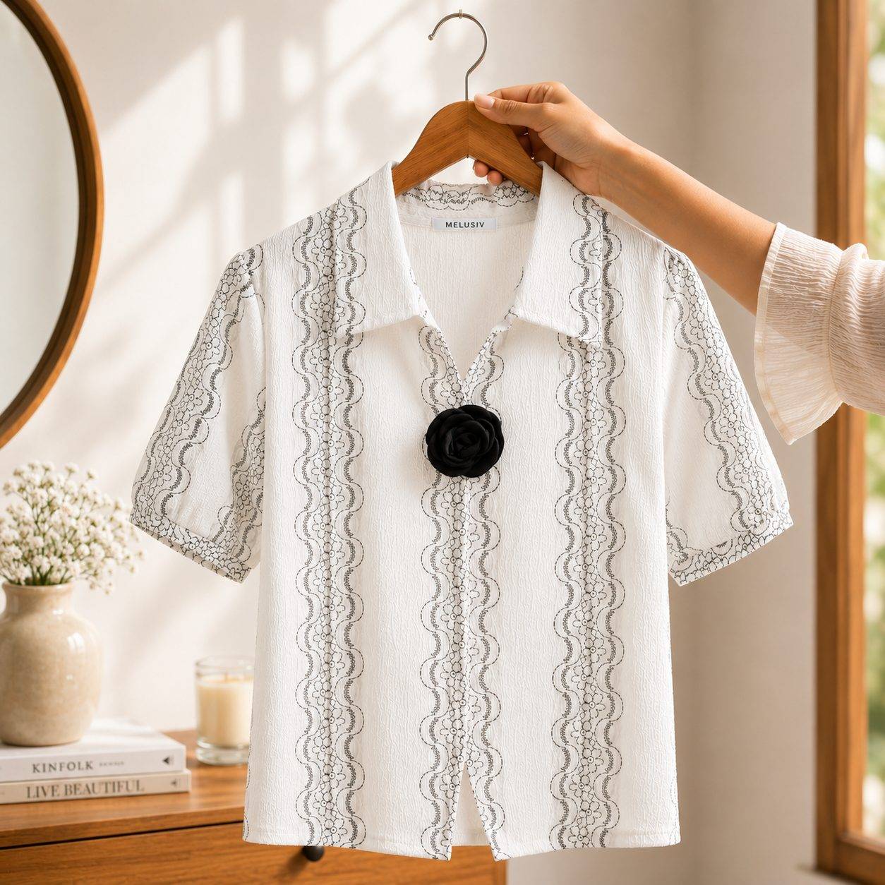 Women's Textured Printed Collared Top with Black Floral Brooch | Half Sleeves | Casual & Office Wear