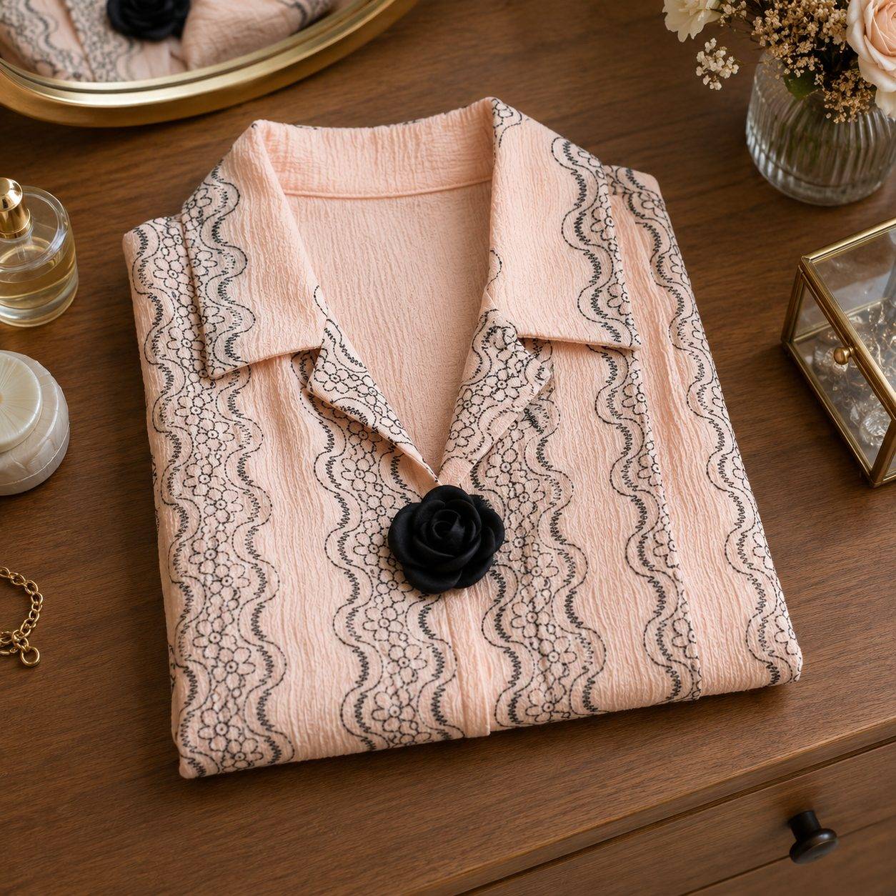 Women's Textured Printed Collared Top with Black Floral Brooch | Half Sleeves | Casual & Office Wear
