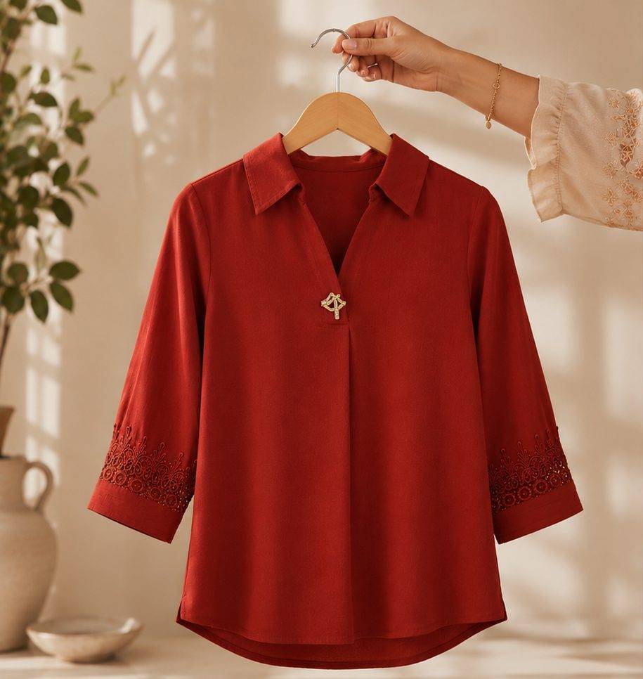 elegant short kurti-styled top features a split V-neckline with a collar, three-quarter sleeves accented with delicate floral embroidery, and a central decorative brooch detai