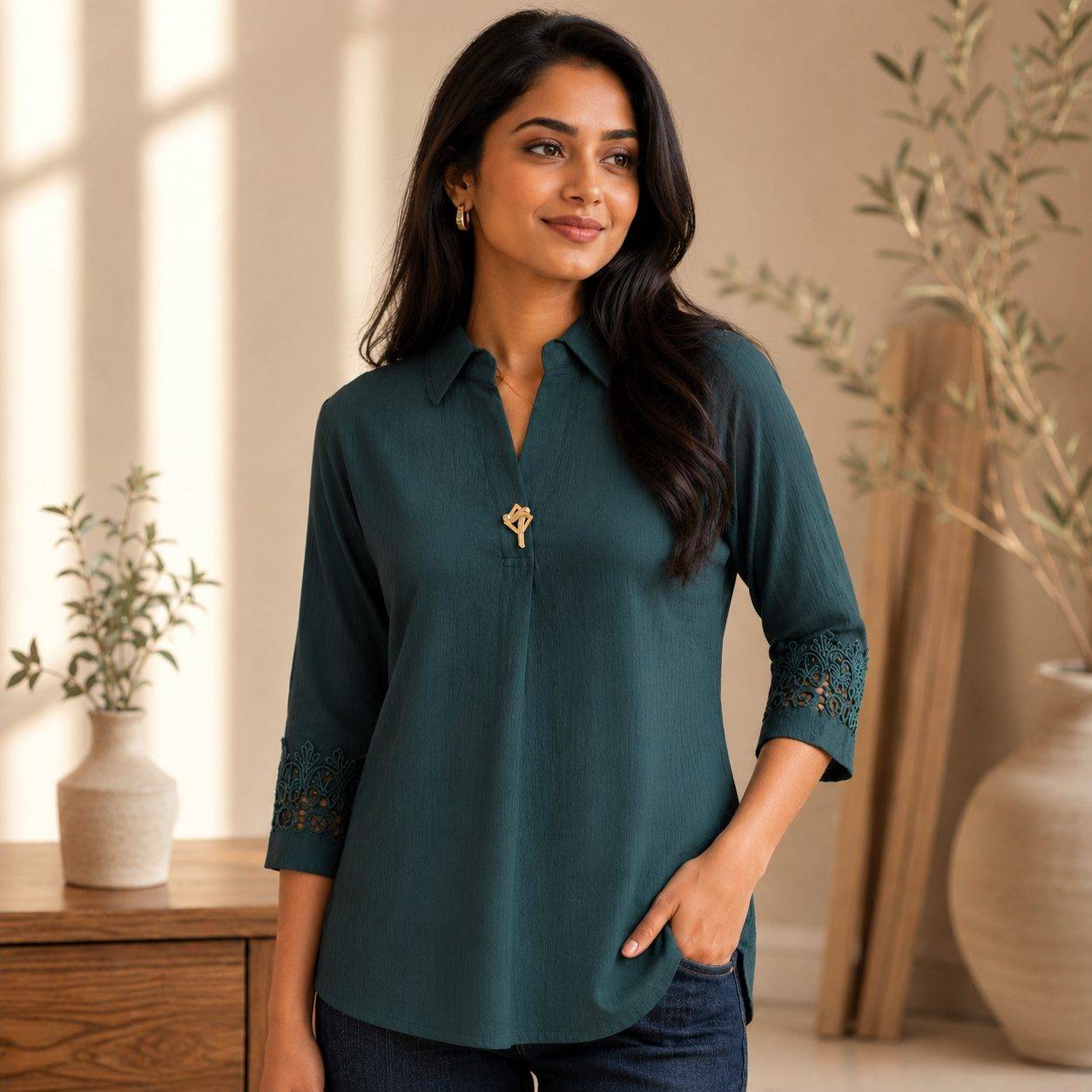 elegant short kurti-styled top features a split V-neckline with a collar, three-quarter sleeves accented with delicate floral embroidery, and a central decorative brooch detai