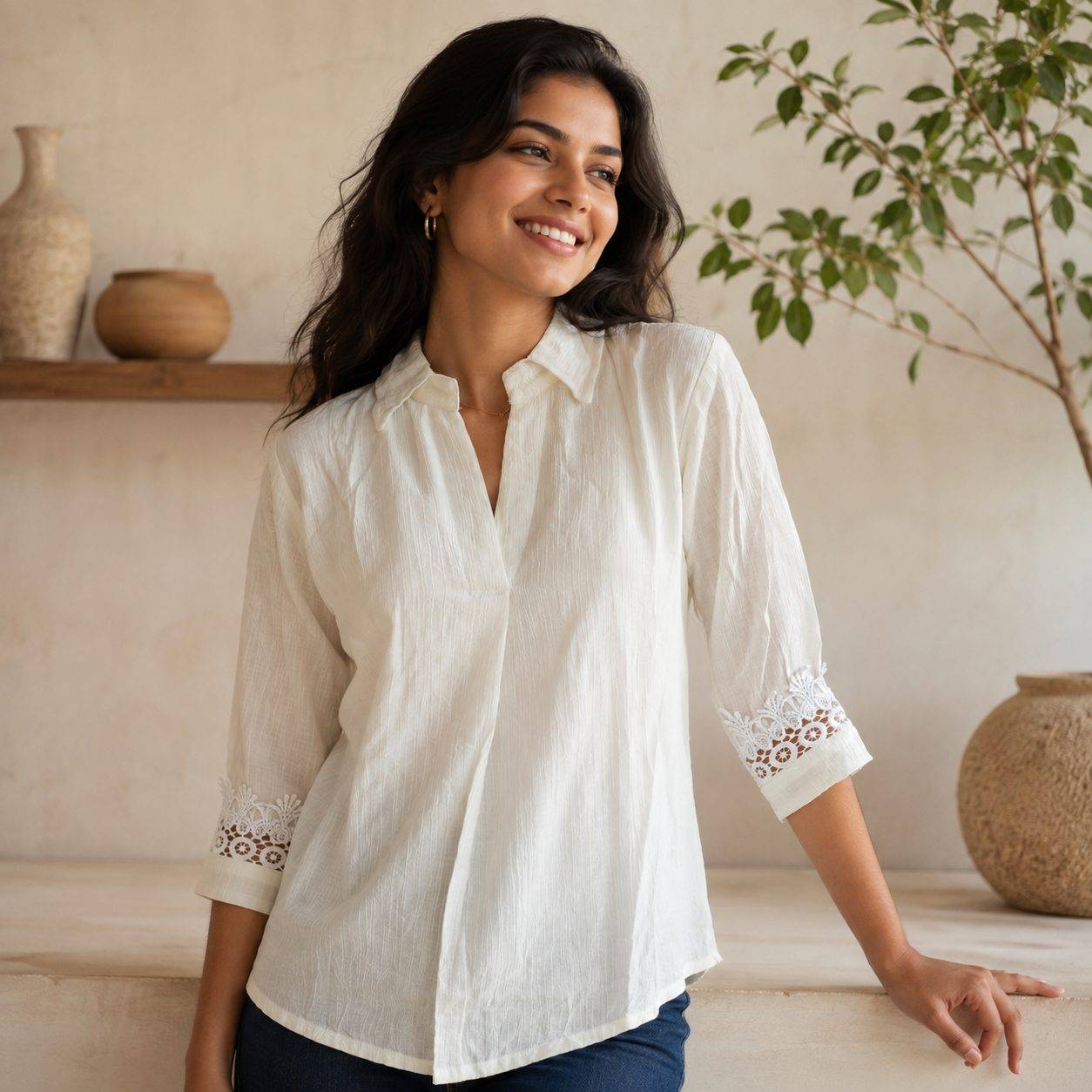 elegant short kurti-styled top features a split V-neckline with a collar, three-quarter sleeves accented with delicate floral embroidery, and a central decorative brooch detai