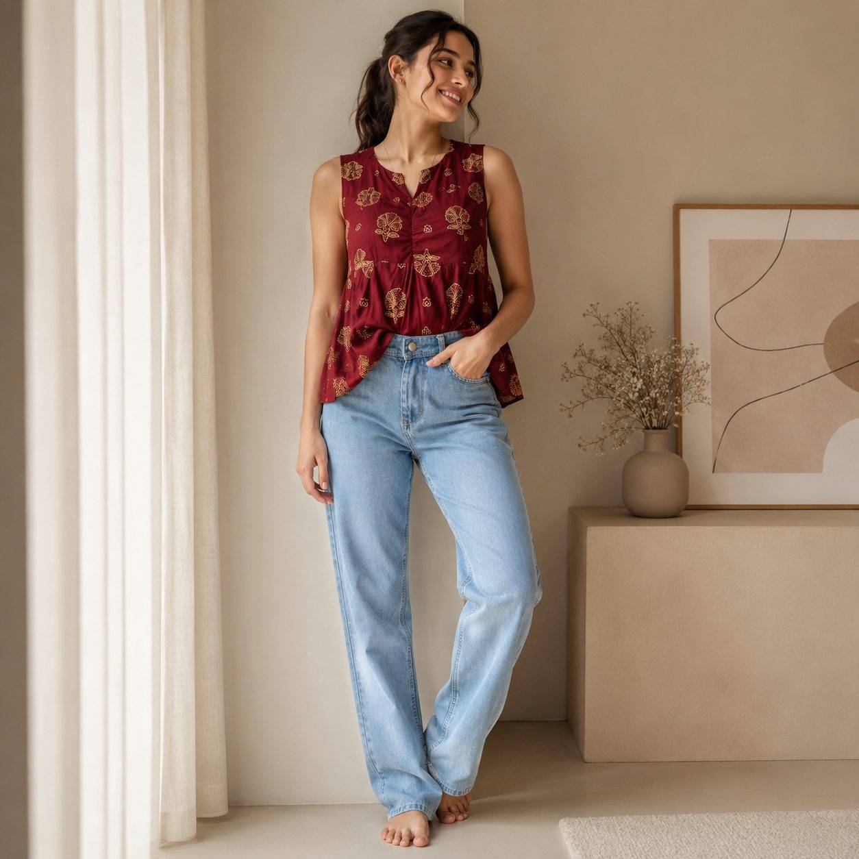 Wide-leg denim jeans feature a relaxed straight-fit