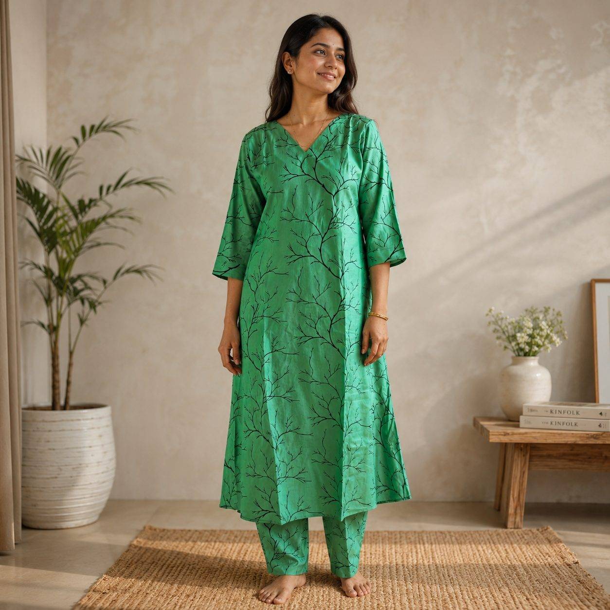 Bright green V-neck tunic and matching trousers set featuring a delicate, dark branch or twig print.