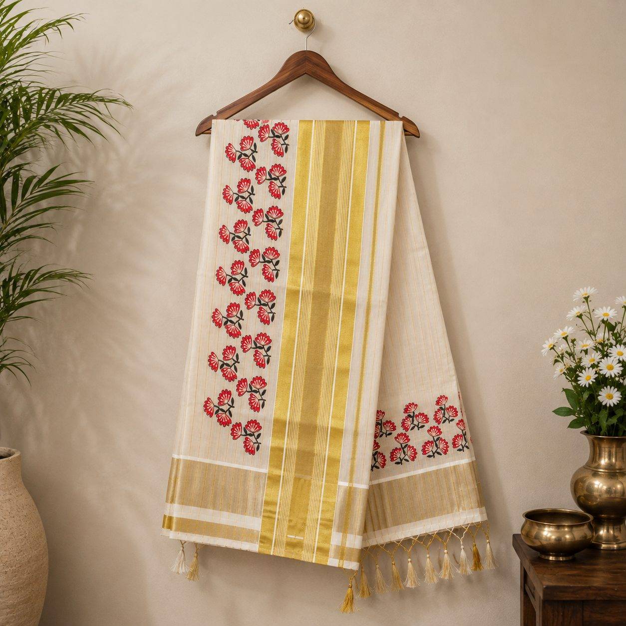 Kerala Kasavu tissue set saree featuring a rich golden zari border and bold blue floral block prints