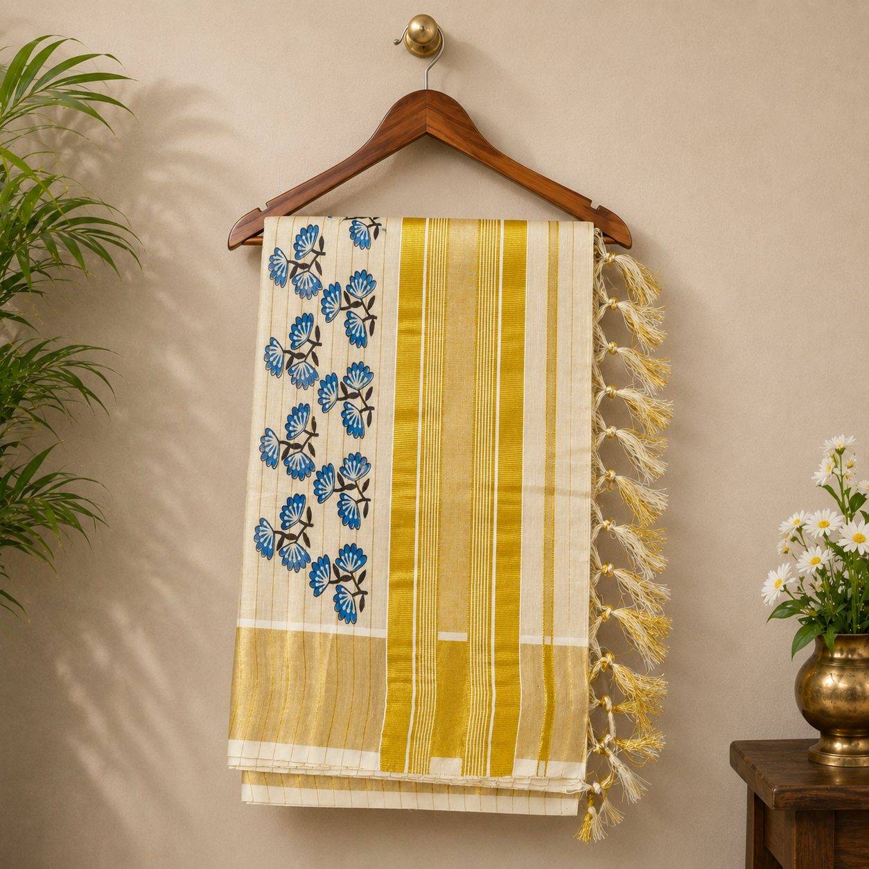 Kerala Kasavu tissue set saree featuring a rich golden zari border and bold blue floral block prints