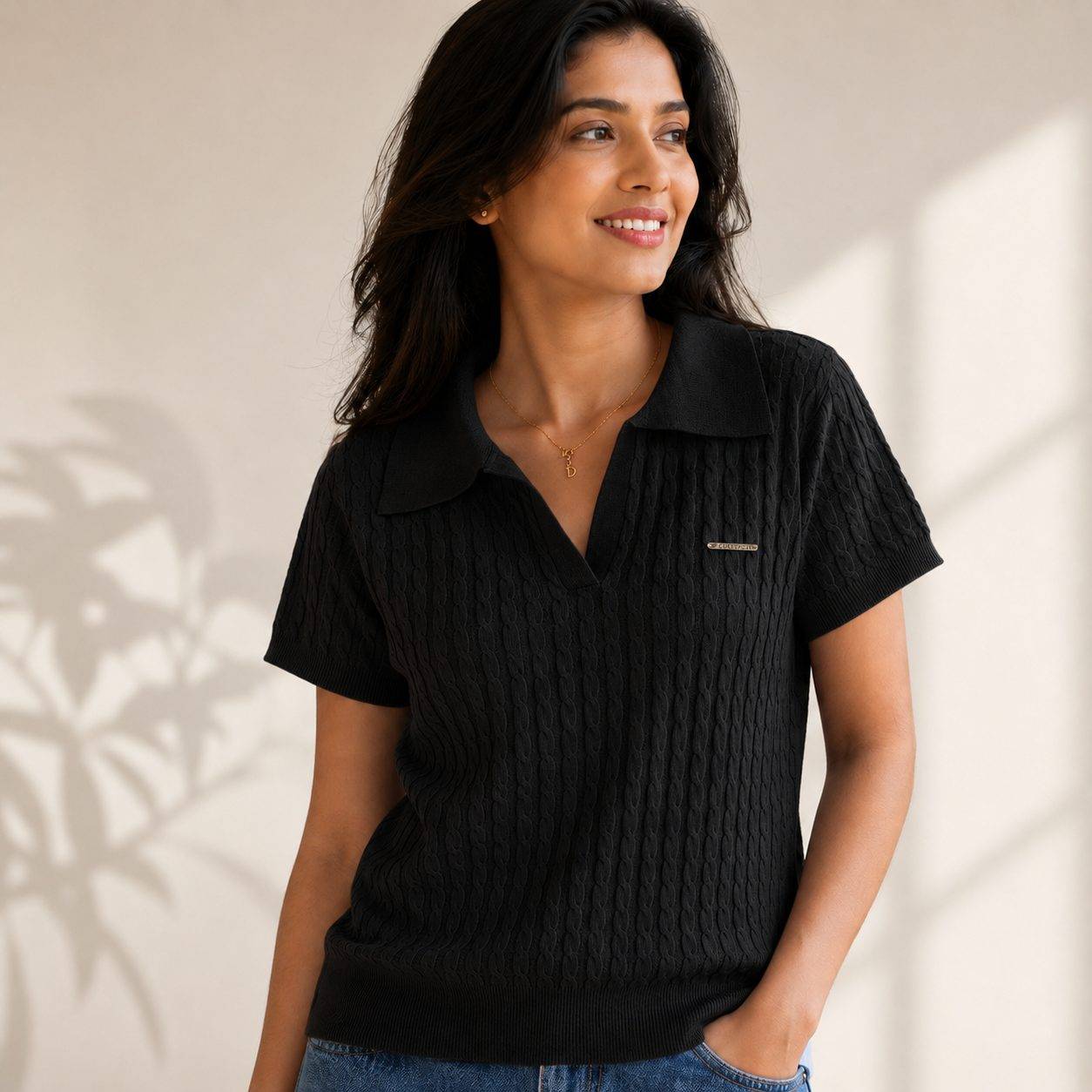 Women's Knitted Ribbed Self-Design Short Sleeve Polo Neck Collar Crop Top