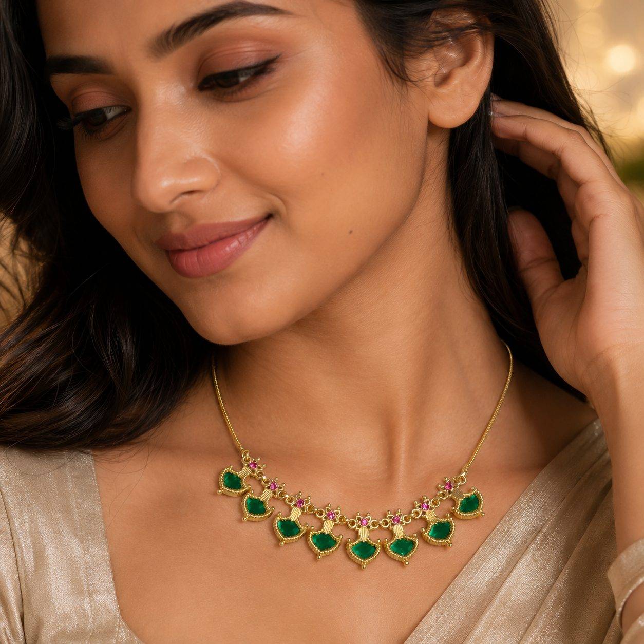 Traditional Kerala Palakka Mala Necklace – Emerald Green & Ruby Gold-Plated Choker