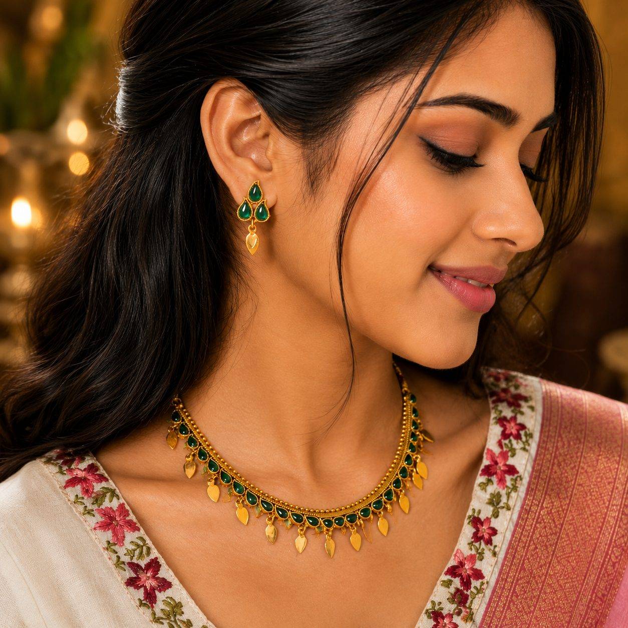 Green Palakka Choker Necklace Set with Earrings