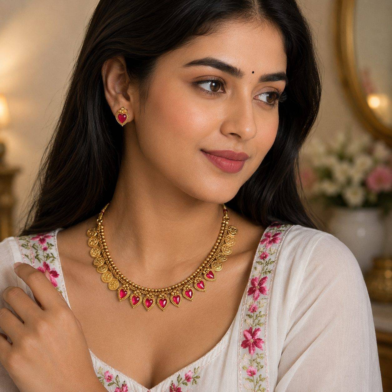 South Indian temple coin (kasu) necklace and matching earrings set featuring vibrant heart-shaped red kemp/ruby-colored