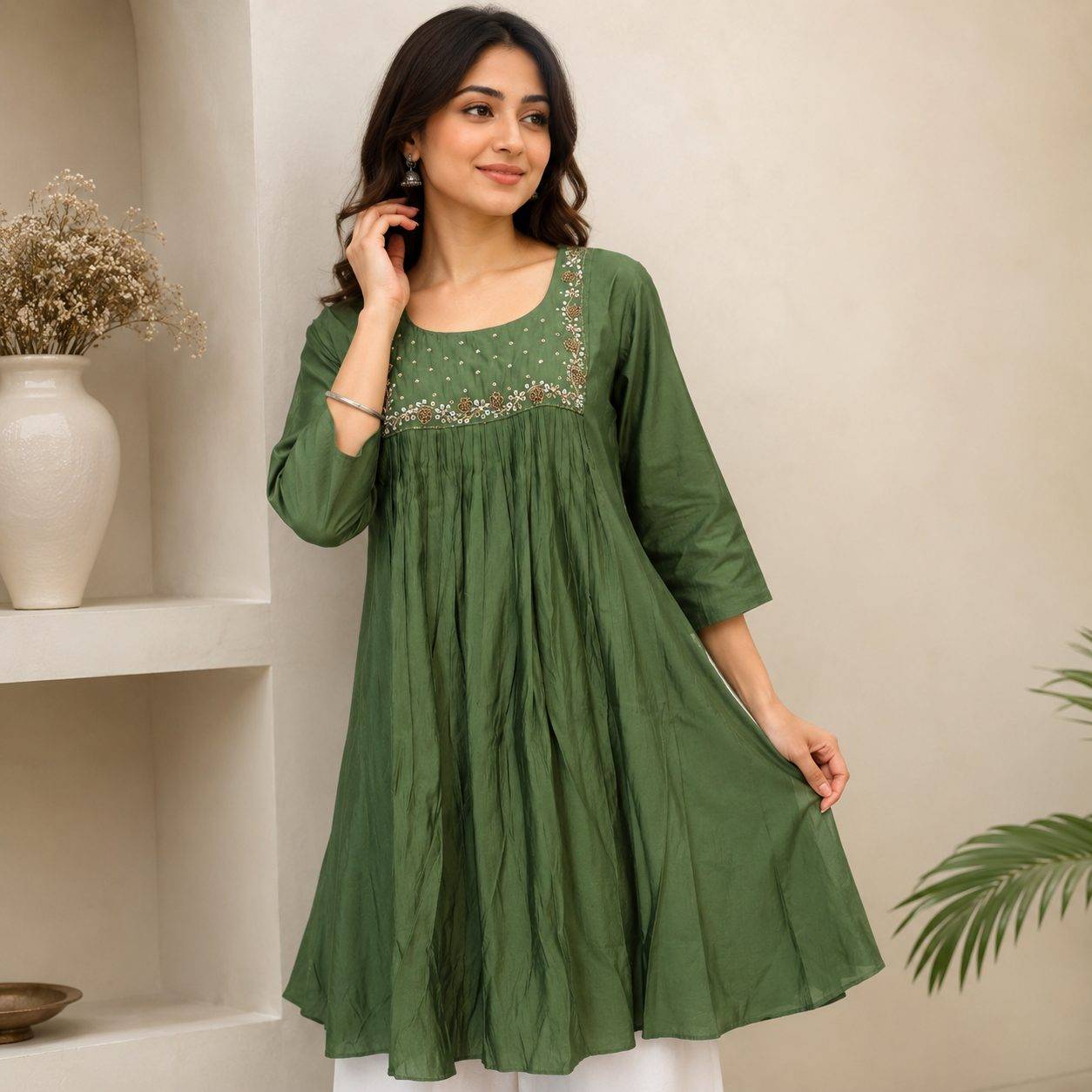 olive green georgette flared tunic featuring a floral-embroidered scoop neckline and gathered pleats
