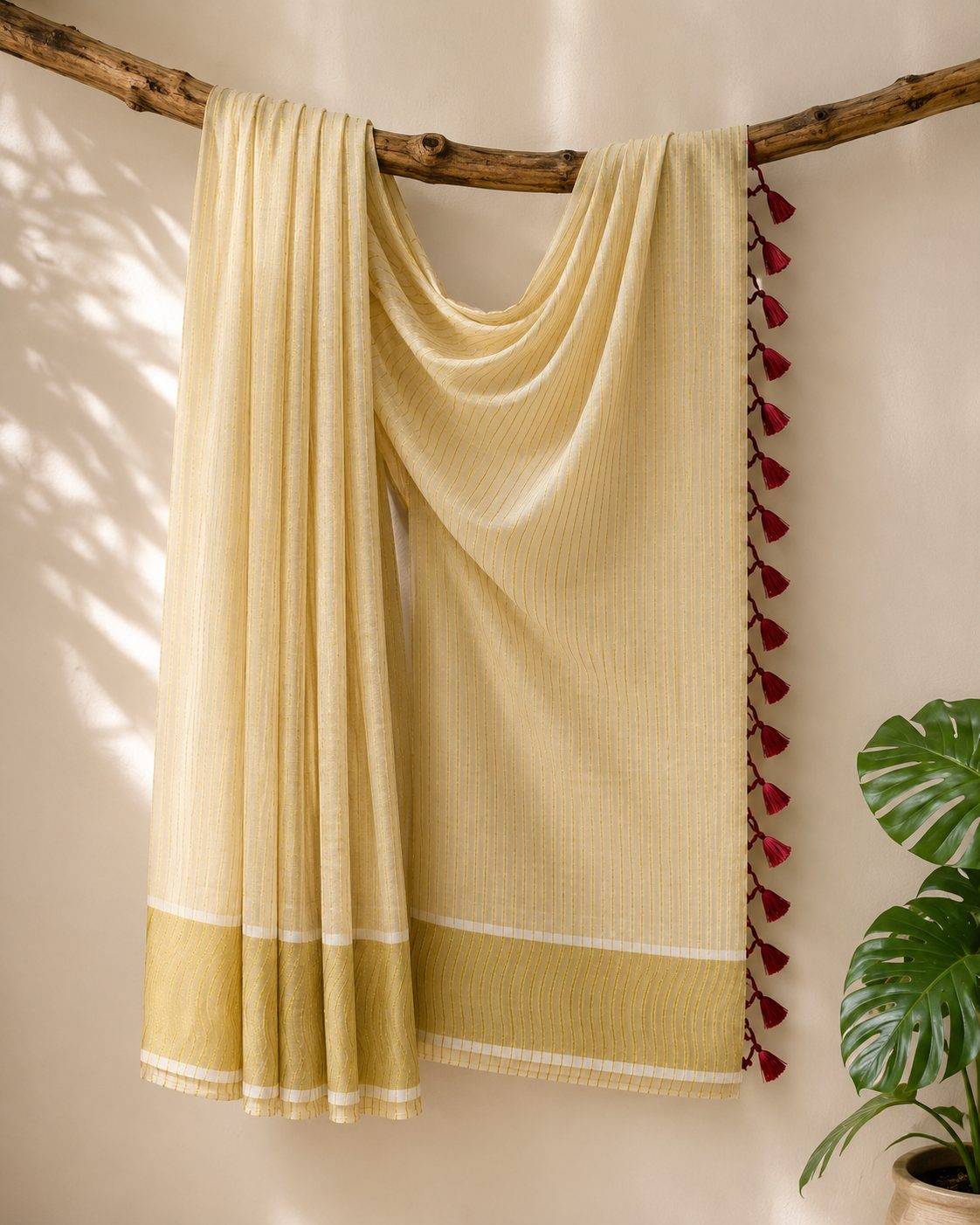 striped mul cotton festive saree featuring a broad golden zari border and decorative red tassel accents