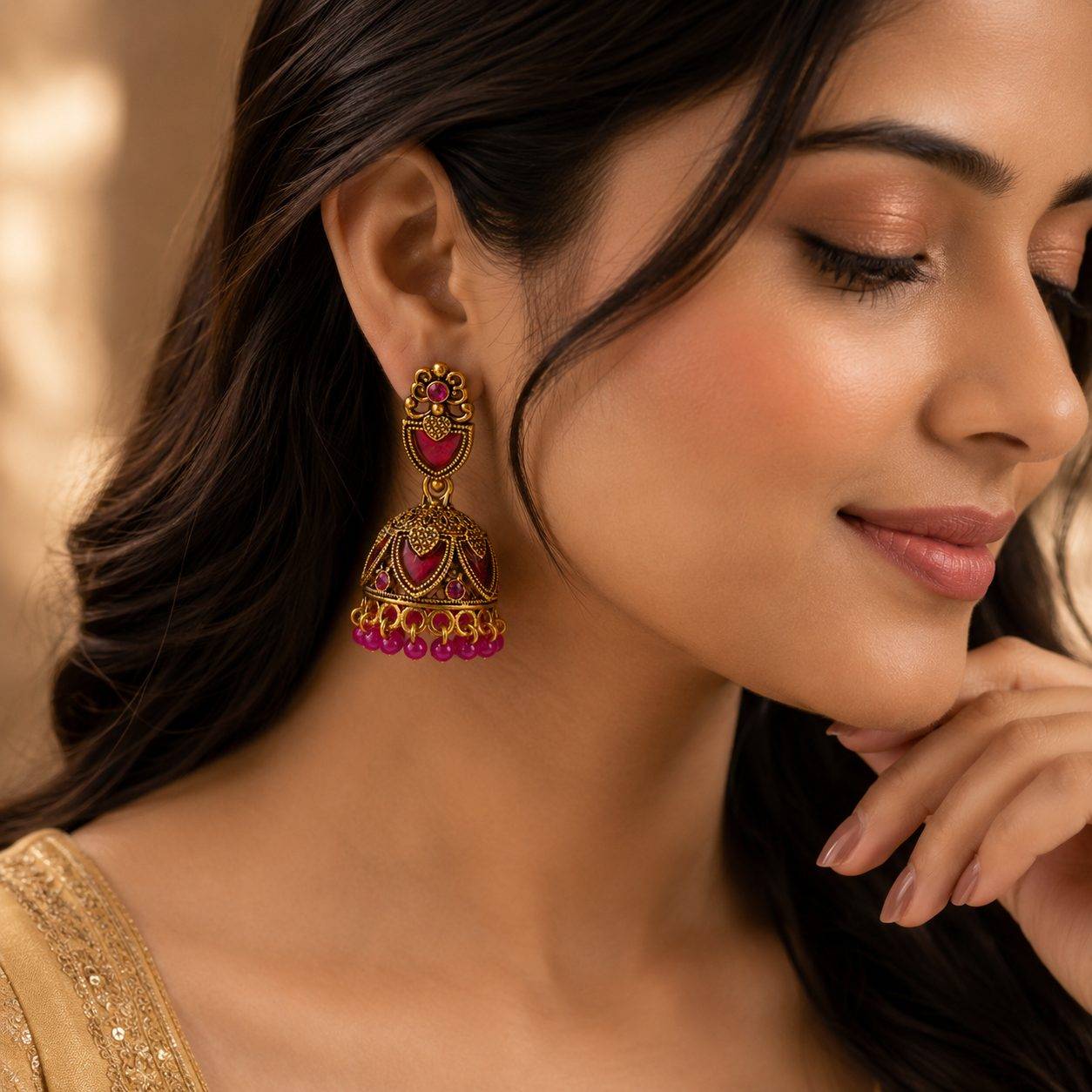 antique gold-finished jhumka earrings