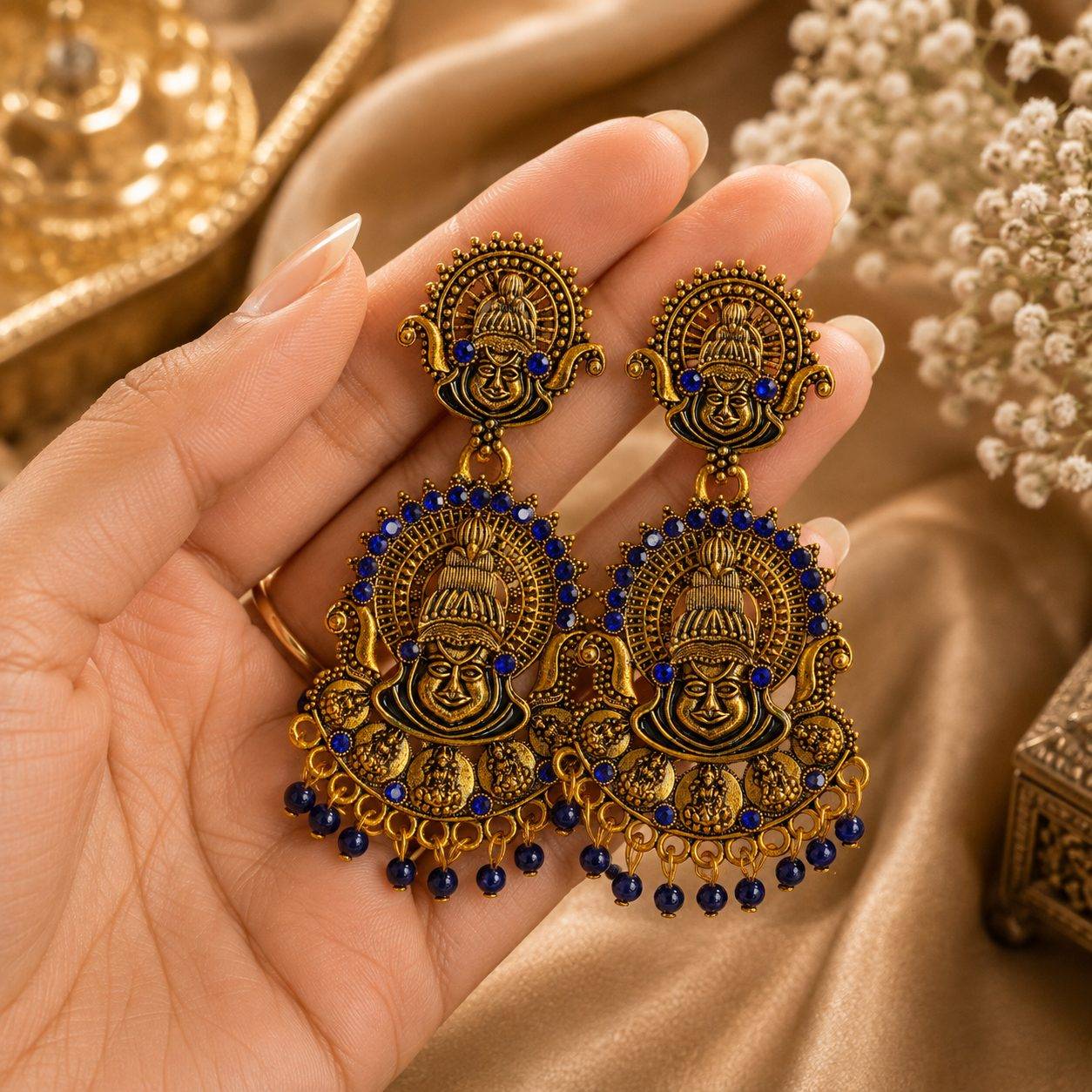 antique gold-finished temple earrings