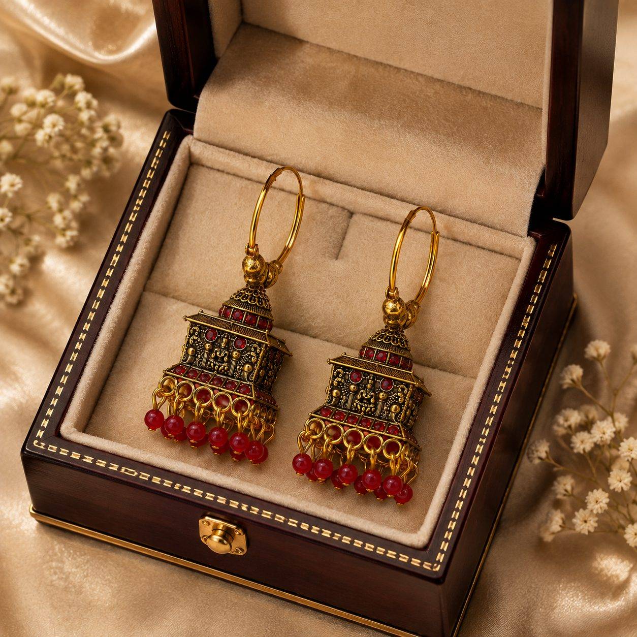 Traditional South Indian antique gold-plated square temple design jhumka
