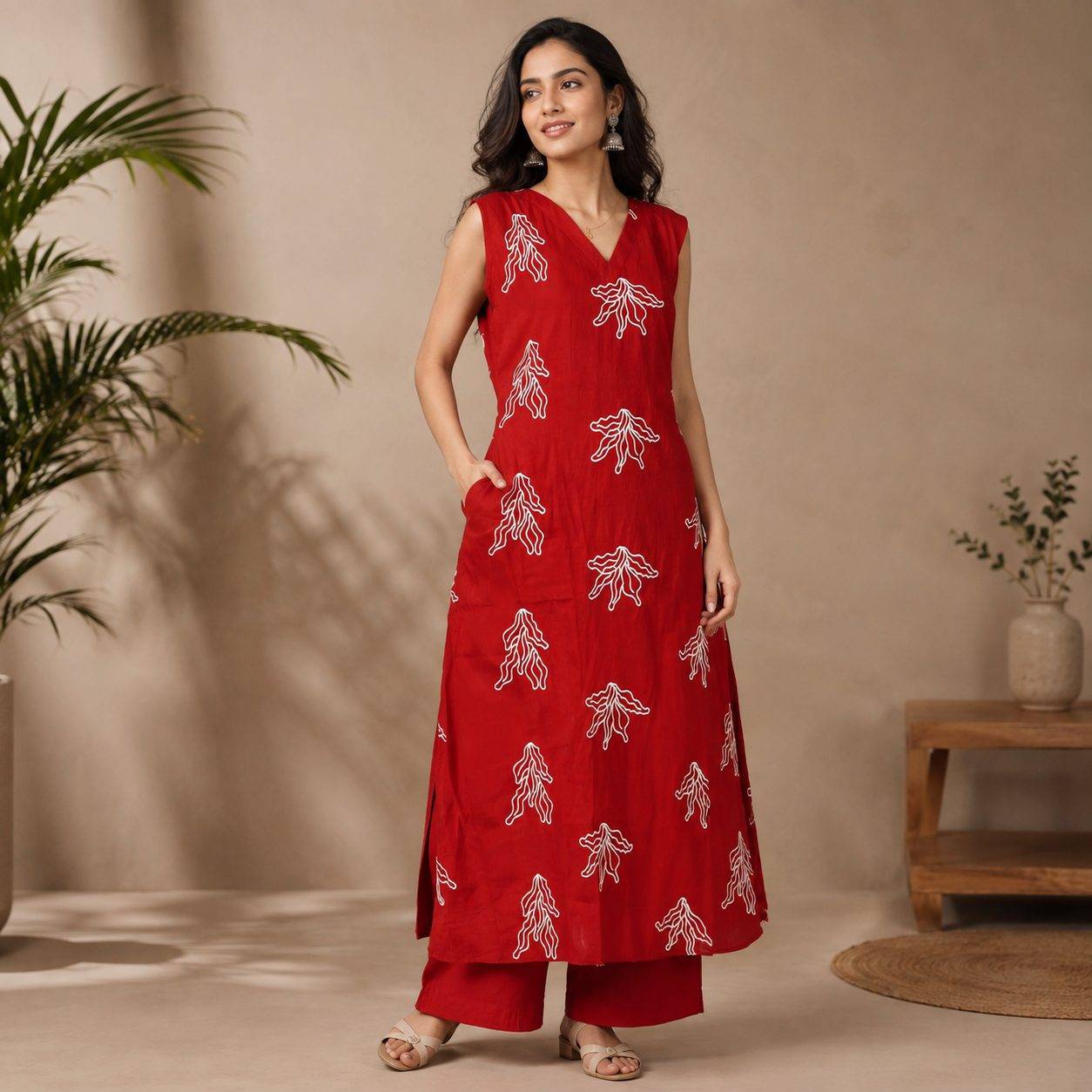 red sleeveless rayon straight kurta and palazzo set