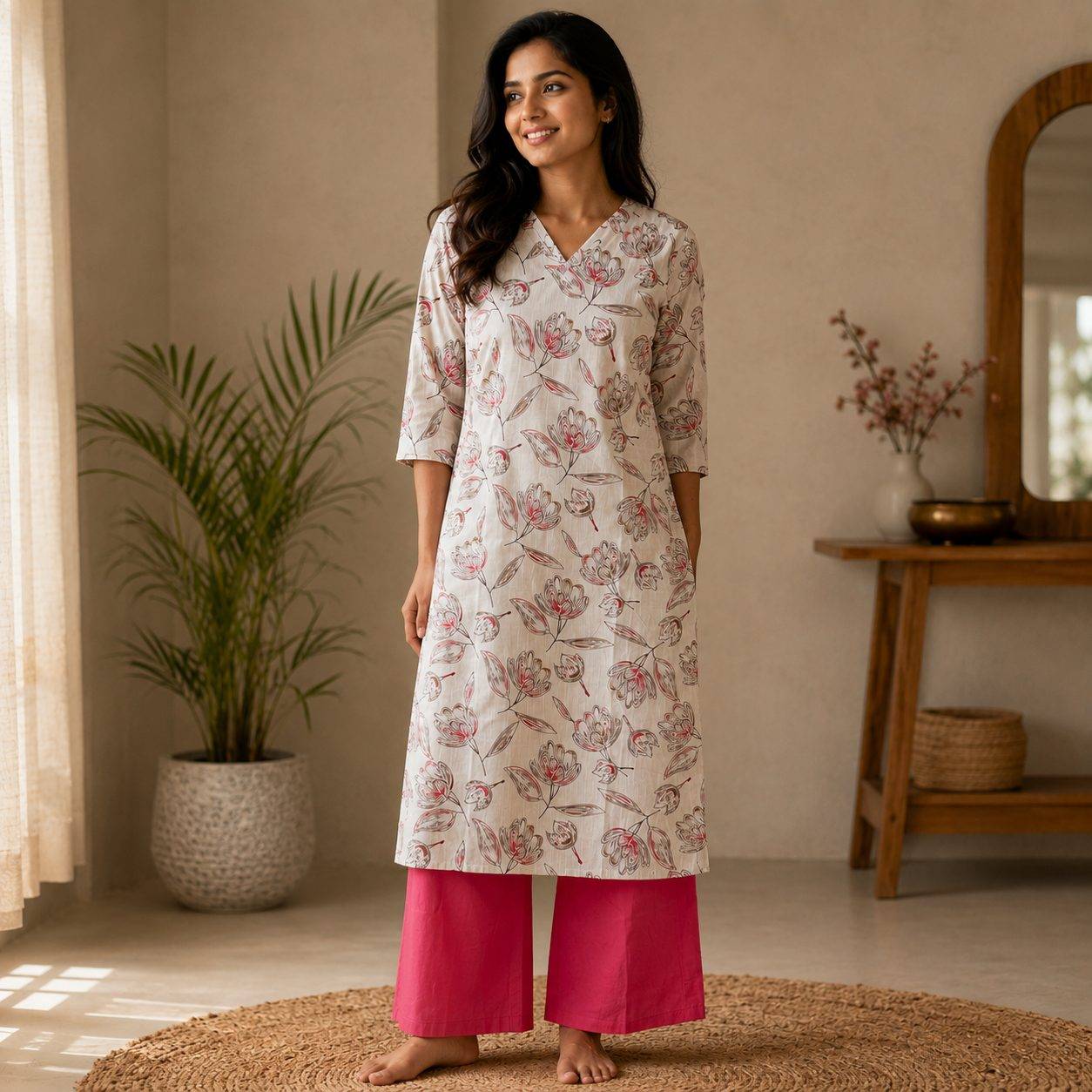 off-white, three-quarter sleeve straight kurta