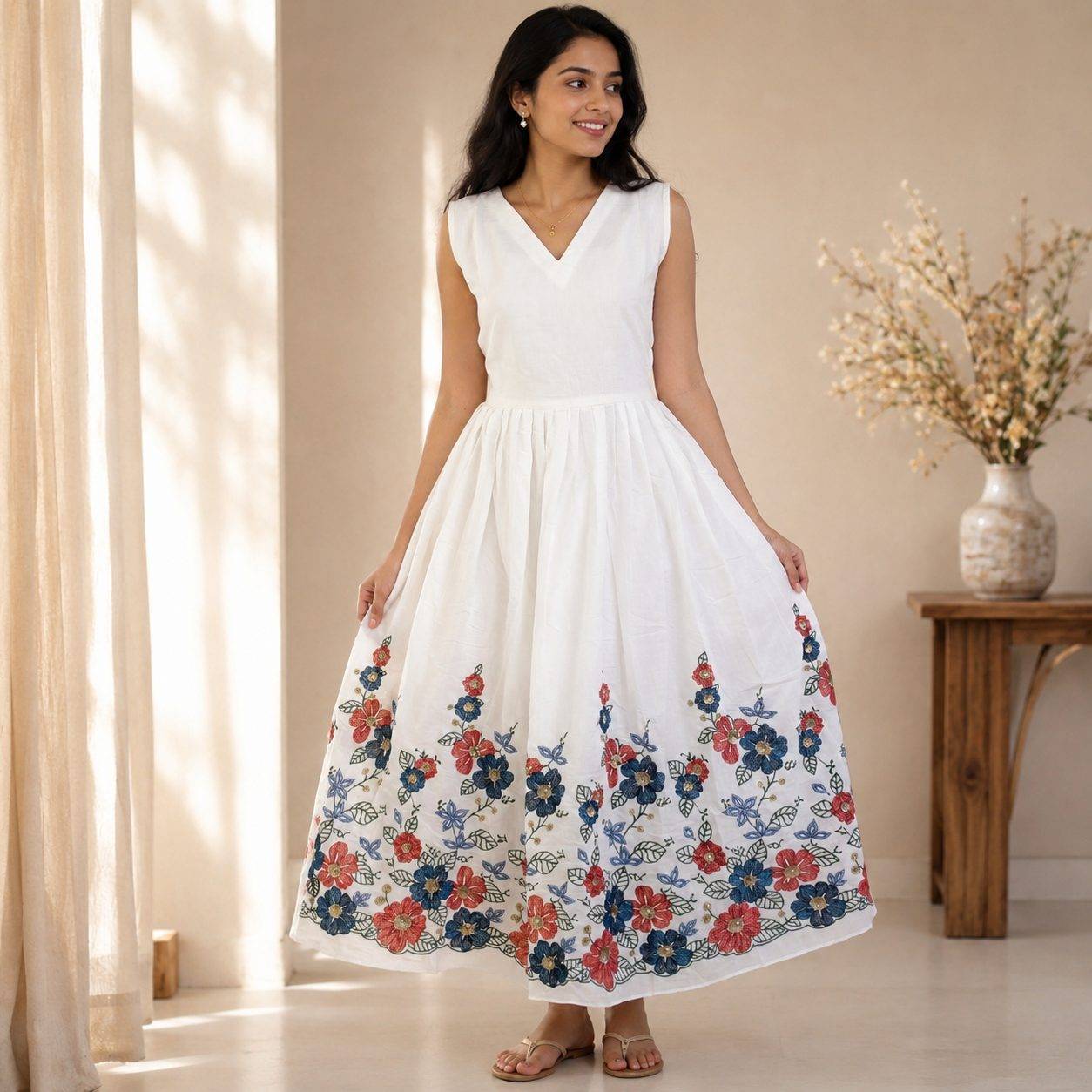 white sleeveless fit-and-flare midi dress detailed with a vibrant red and blue floral embroidered hemline.