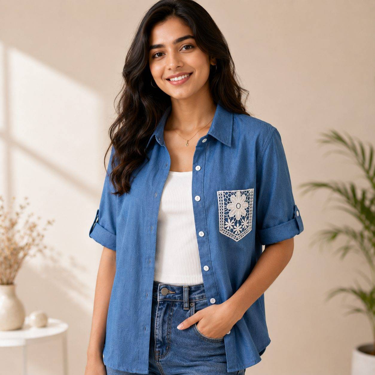 blue short-sleeve button-up shirt with white ribbed knit tank top