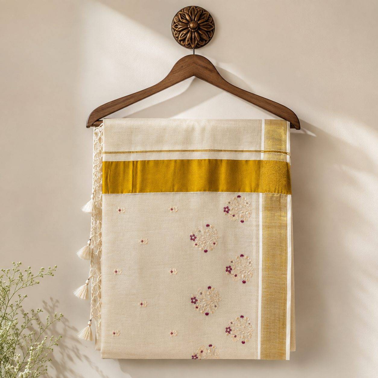 Tissue Kerala Kasavu Saree with Floral Embroidery Bunch and Tassels