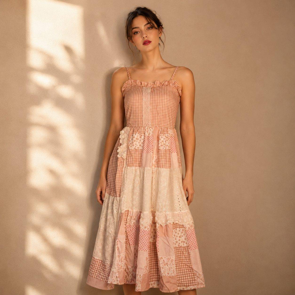 pink and white gingham and floral patchwork midi dress