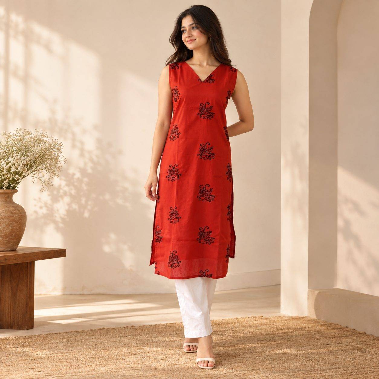 V-Neck Straight Kurta with Black Floral Embroidery Work